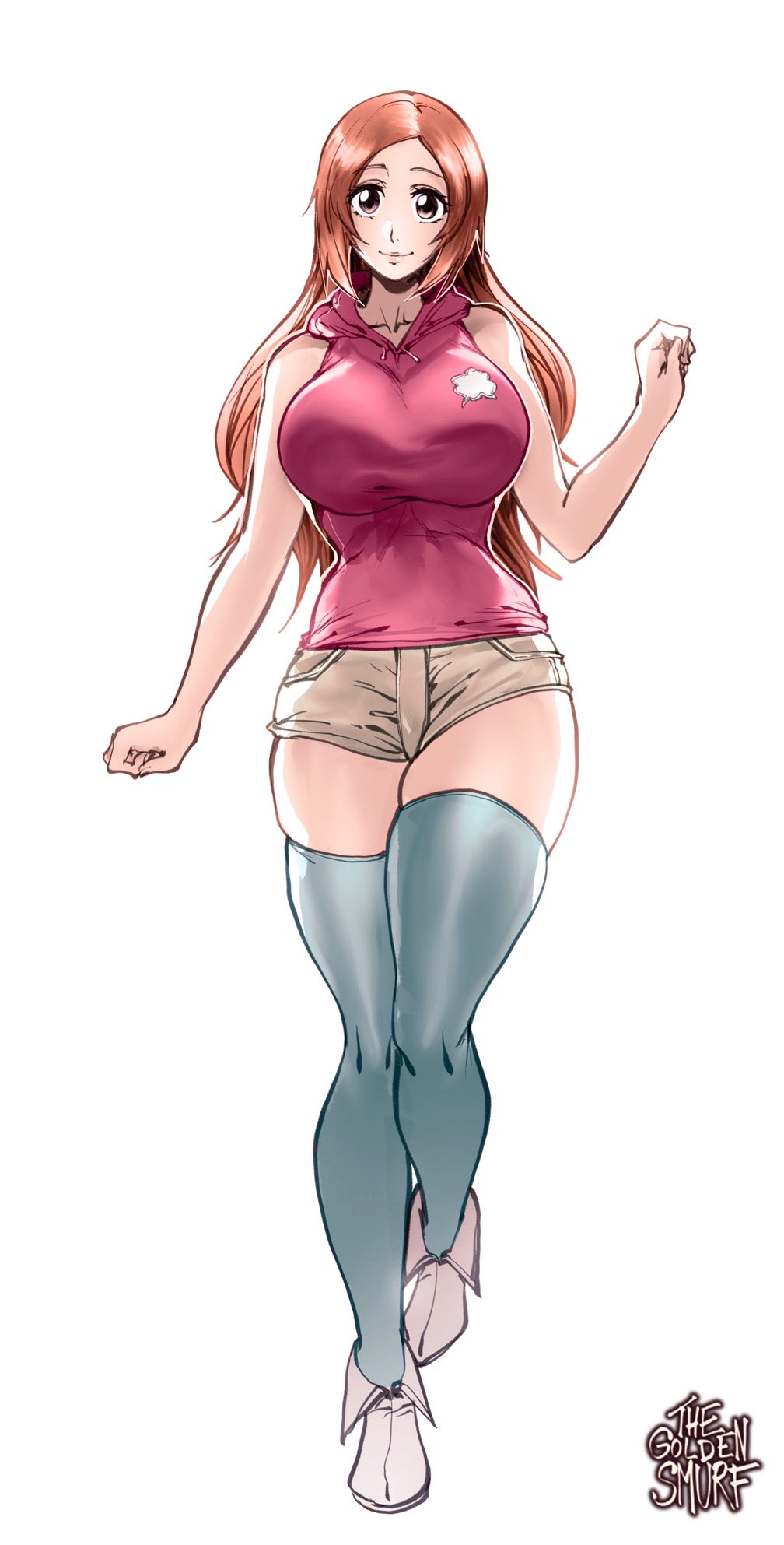 1girls, big breasts, bleach, blue thighhighs, breasts, female, female only, full body, hi res, hoodie, inoue orihime, long hair, looking at viewer, orange hair, shorts, sleeveless hoodie, smiling, smiling at viewer, solo, solo female, thegoldensmurf, thick thighs, thigh squish, thighhighs, white background