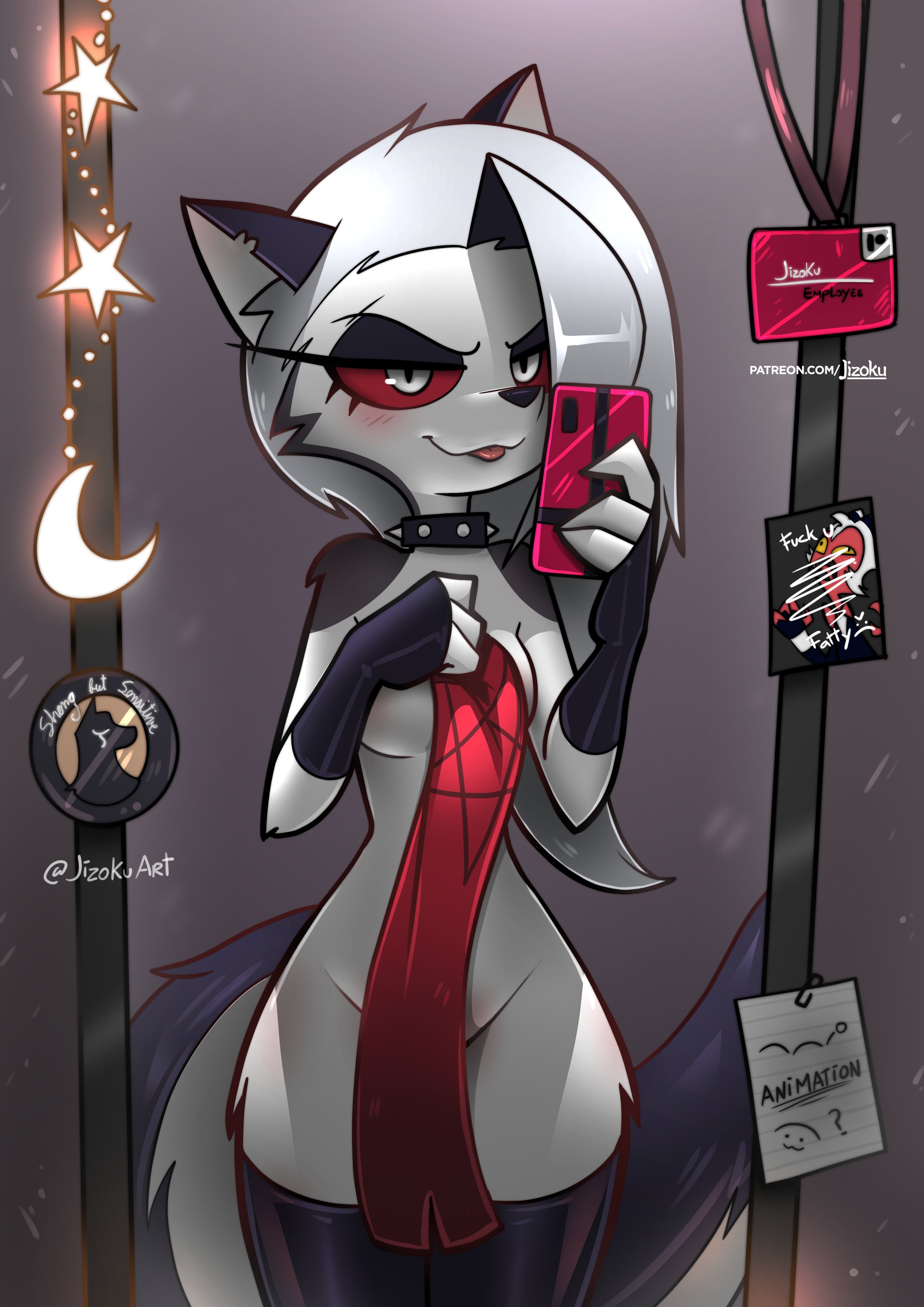 1girls, anthro, collar, female, furry, hellhound, helluva boss, jizoku, loona (helluva boss), mirror, selfie, tail, thigh highs, thighhighs, wolf girl