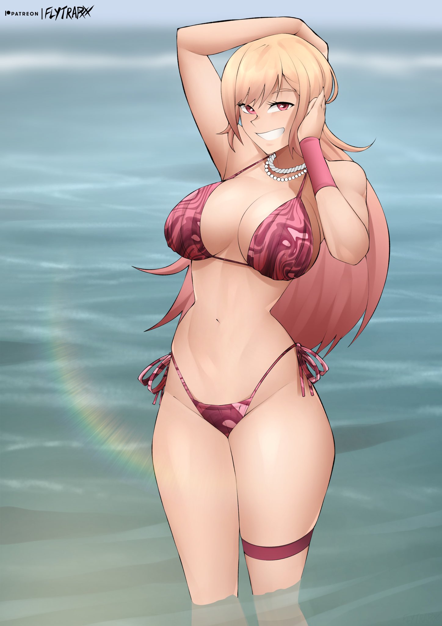 1girls, 2022, artist signature, beach, bikini, blonde female, blonde hair, breasts, female, female only, flytrapxx, grin, gyaru, hips, huge breasts, kitagawa marin, light skin, light-skinned female, long hair, looking at viewer, modeling, outdoors, pearls, posing, red bikini, red eyes, slim waist, smile, solo, sono bisque doll wa koi wo suru, thick thighs, thighs, water, wide hips