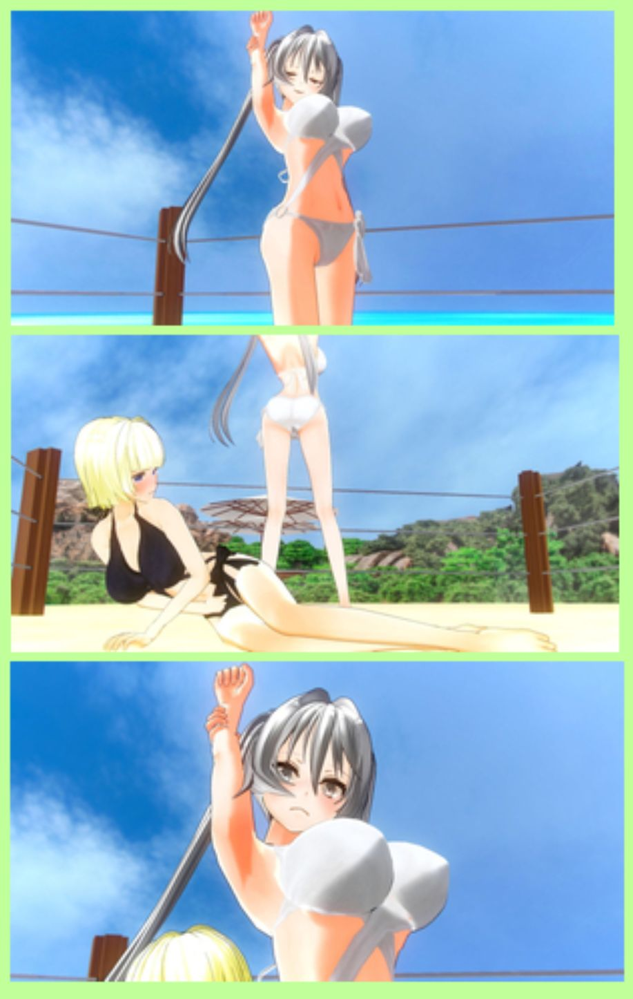 2girls bikini black_bikini blush catfight embarrassing fun humiliating laughing lifting lifting_person multiple_girls ring swimsuit_suit white_bikini wrestling yuri