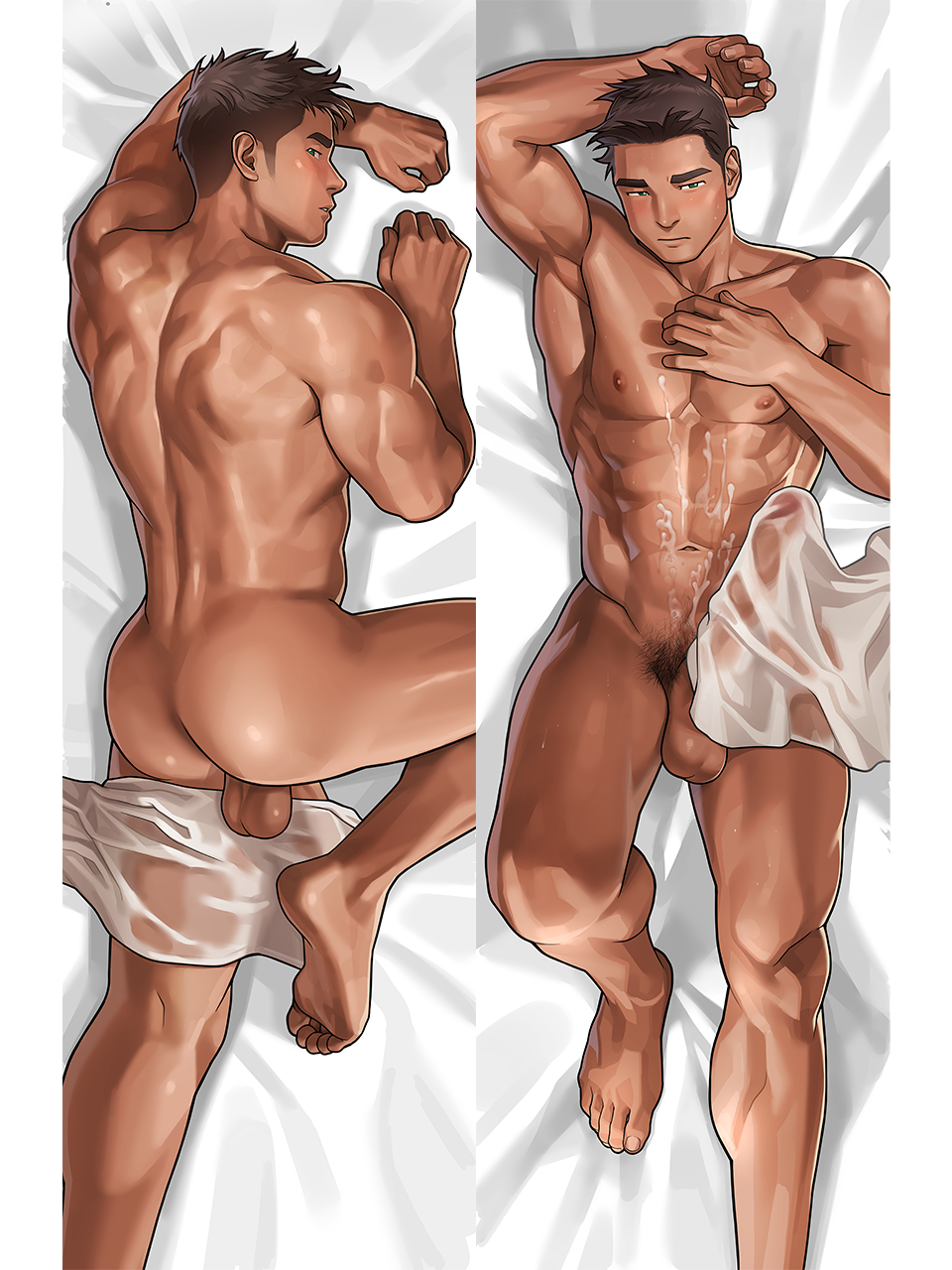 1boy abs ass bara barefoot black_hair blush covered_penis erection feet gachi-natsu_(skskdan) gay highres human human_only large_pectorals looking_back lying male_focus muscular muscular_male navel nipples on_back on_stomach pectorals penis ryota_hibiki short_hair sideburns soles solo thighs toes wasp_(anthyutena) wasp_(artist)