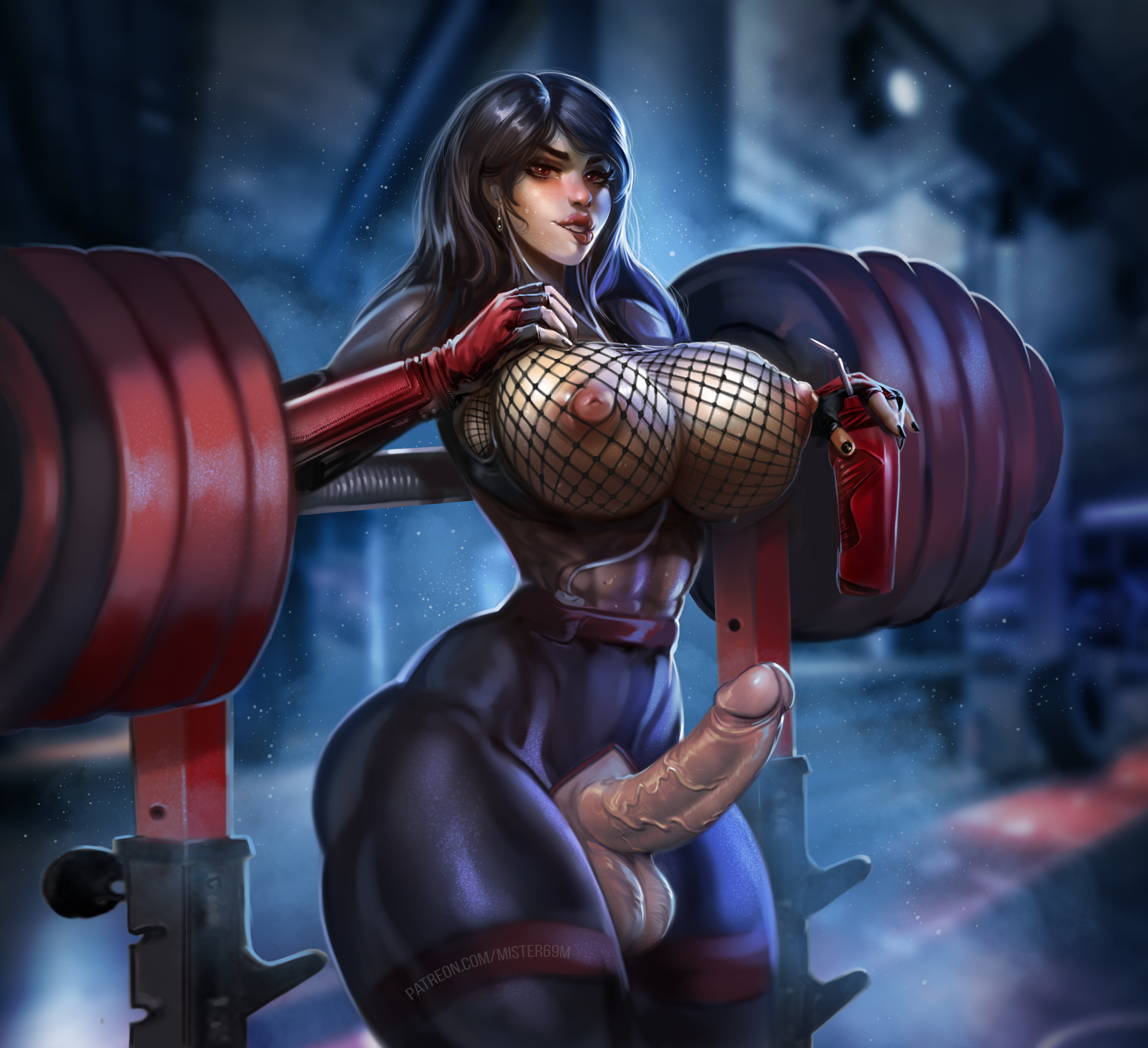 1futa, abs, alternate version available, areolae, balls, big breasts, big penis, bimbo, bimbo body, bimbo futa, bimbo lips, biting lip, breasts, clothed, clothing, erection, exposed breasts, final fantasy, final fantasy vii, fishnets, futa only, futanari, gym, gym uniform, hi res, huge breasts, huge hips, human, intersex, light skin, light-skinned futa, lipstick, looking at viewer, mister69m, mostly clothed, muscular, muscular futa, nipples, penis, solo, square enix, standing, testicles, thick thighs, thunder thighs, tifa lockhart, wide hips