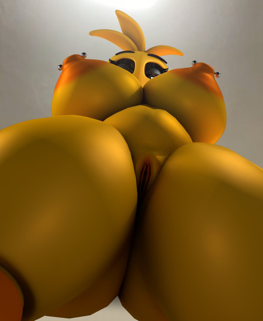 3d, 3d (artwork), breasts, c4d max, clitoris, female, five nights at freddy's, five nights at freddy's 2, heart-shaped pupils, huge breasts, looking down, low-angle view, nipple piercing, nipples, piercing, pussy, solo, thick thighs, toy chica (fnaf), toy chica (love taste), vagina