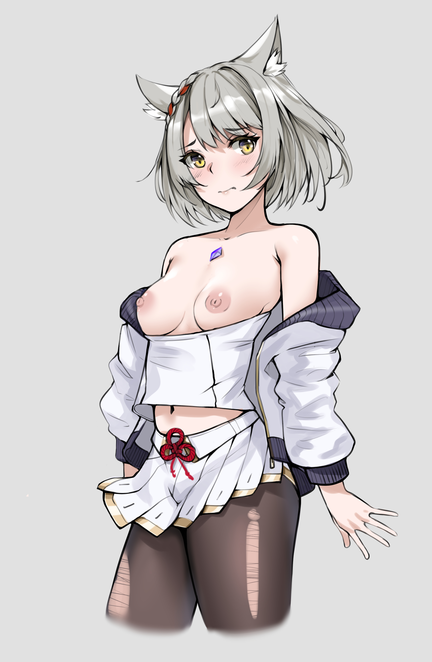 animal ears, bangs, bare shoulders, belly, belly button, black leggings, black legwear, blush, breasts, cat ears, cat girl, catgirl, chest gem, chest jewel, collarbone, commentary request, embarrassed, exposed breasts, exposed nipples, female, flustered, frown, frowning, gem, grey hair, jacket, jewel, jewelry, leggings, legwear, looking at viewer, matrix16, midriff, mio (xenoblade), navel, nervous, nipples, pantyhose, ribbon, ribbons, ripped leggings, ripped legwear, ripped pantyhose, shirt, shirt down, short hair, silver hair, skirt, small breasts, stomach, thighhighs, torn leggings, torn legwear, torn pantyhose, torn thighhighs, undressing, white jacket, white shirt, xenoblade (series), xenoblade chronicles (series), xenoblade chronicles 3, yellow eyes