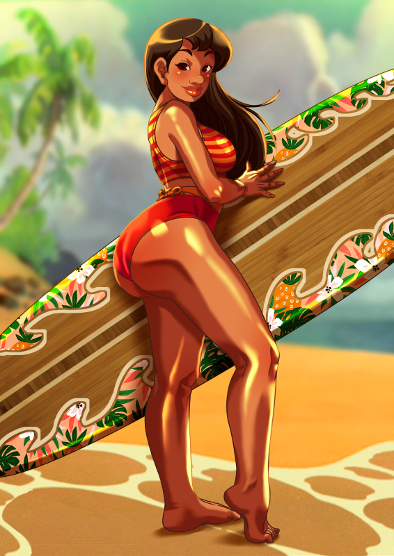 1girls adult aged_up alternate_version_available beach big_lips black_hair curvaceous curves dark-skinned_female dark_skin dat_ass disney female female_only full_body hawaii lilo_and_stitch lilo_pelekai long_hair smile smiling_at_viewer smooth_skin solo surfboard swimsuit thick_thighs two_piece_swimsuit voluptuous walking xkorner