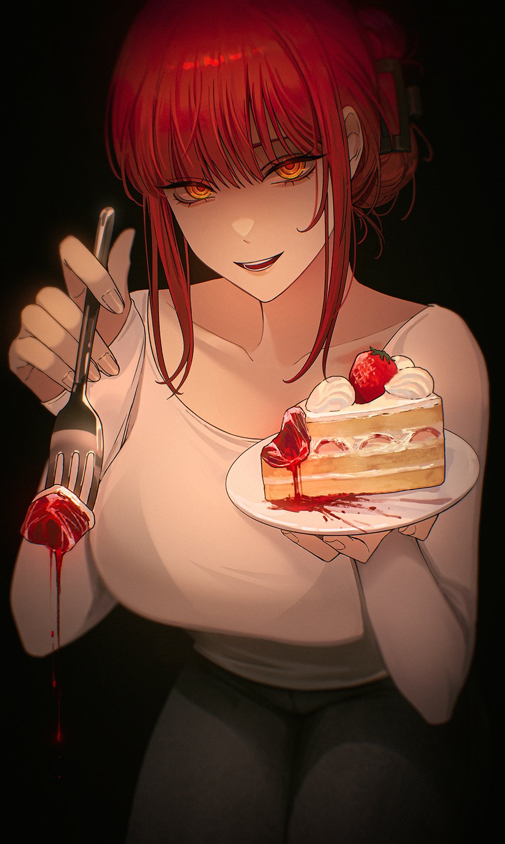 1girls art bangs black_background bra_visible_through_clothes braid breasts cake chainsaw_man female folded_hair food fork fruit happy_birthday holding holding_fork incoming_food large_breasts makima_(chainsaw_man) plate red_hair ringed_eyes shirt sidelocks solo solraka strawberry unusual_pupils white_shirt yellow_eyes