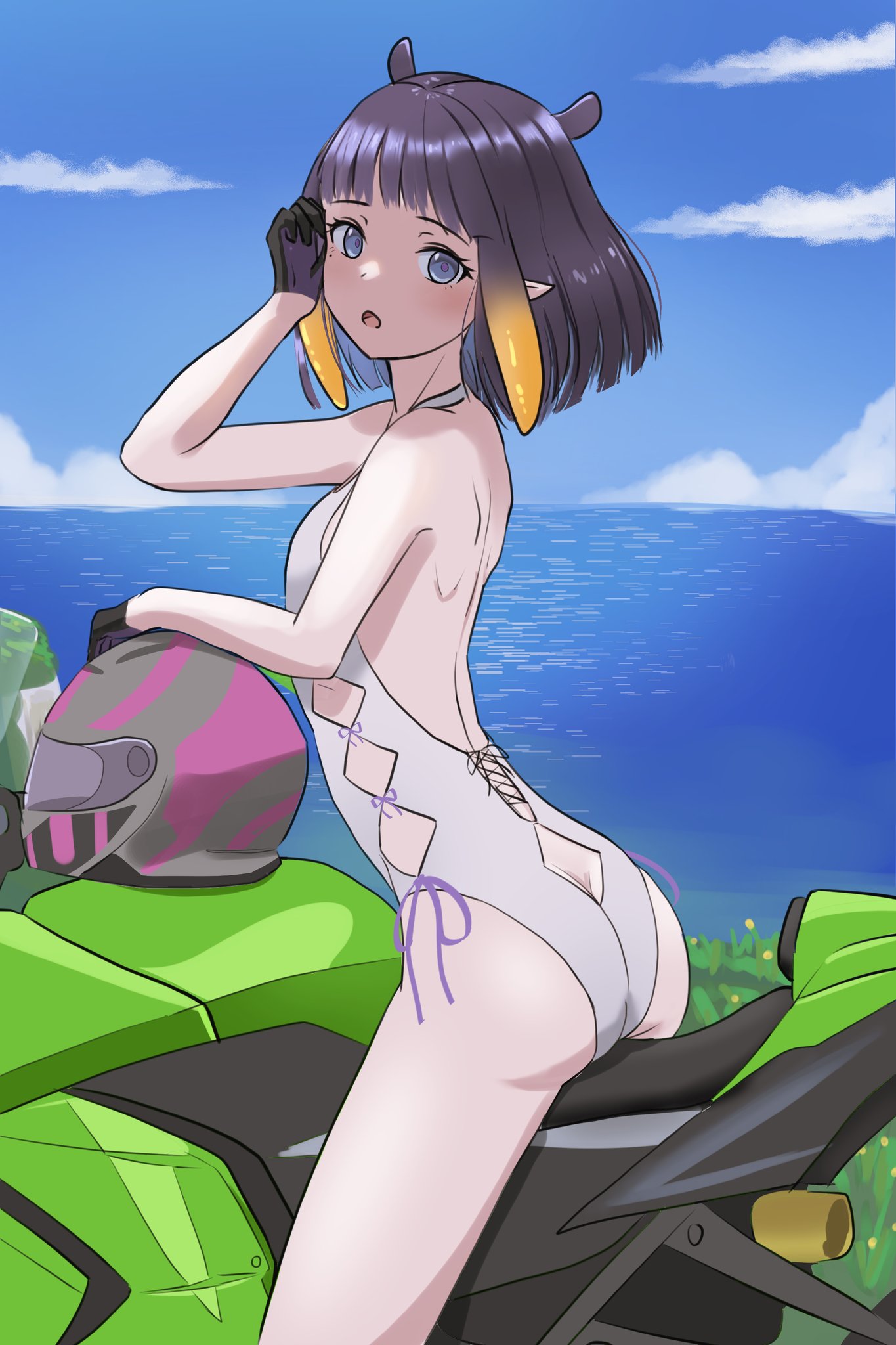 1girls, artist request, female, hololive, hololive english, hololive myth, holomyth, light skin, light-skinned female, motorcycle, ninomae ina'nis, one-piece swimsuit, solo, solo female, swimsuit, tagme, virtual youtuber