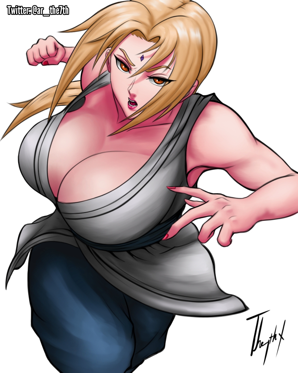 1girls, a.r. the 7th, bare arms, bare shoulders, big breasts, breasts, busty, cleavage, female, female only, forehead jewel, forehead mark, huge breasts, large breasts, light skin, light-skinned female, mature female, milf, nail polish, naruto, naruto (classic), naruto (series), naruto shippuden, painted nails, senpokage, shounen jump, solo, tsunade