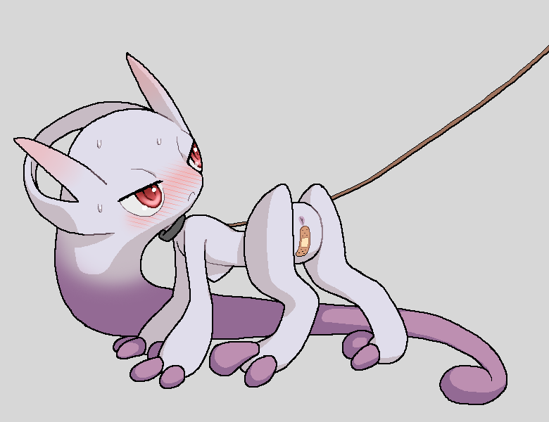 all_fours anal_only anthro anus bandaid blush collar female grey_background leash legendary_pokémon looking_back mega_evolution mega_mewtwo mega_mewtwo_y mewtwo nintendo pokemon pokemon_(species) red_eyes simple_background solo sweat tosx video_games