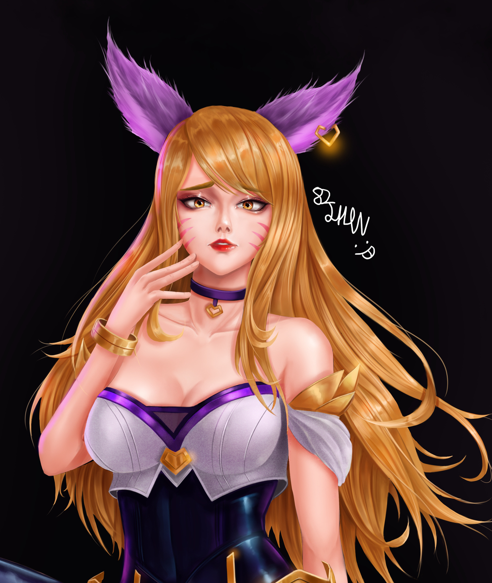 82jhin 9_tails ahri alternate_costume alternate_hair_color alternate_hairstyle animal_ear_fluff animal_ears animal_girl big_breasts blonde_hair breasts busty cleavage clothing crystal_tail eyelashes eyeliner eyeshadow facial_markings female fluffy fluffy_ears fox fox_ears fox_girl fox_tail humanoid inner_ear_fluff k/da_ahri k/da_series kemonomimi kitsune large_breasts league_of_legends light-skinned_female light_skin long_hair multiple_tails nine_tailed_fox pale-skinned_female pale_skin riot_games tail vastaya video_games yellow_eyes