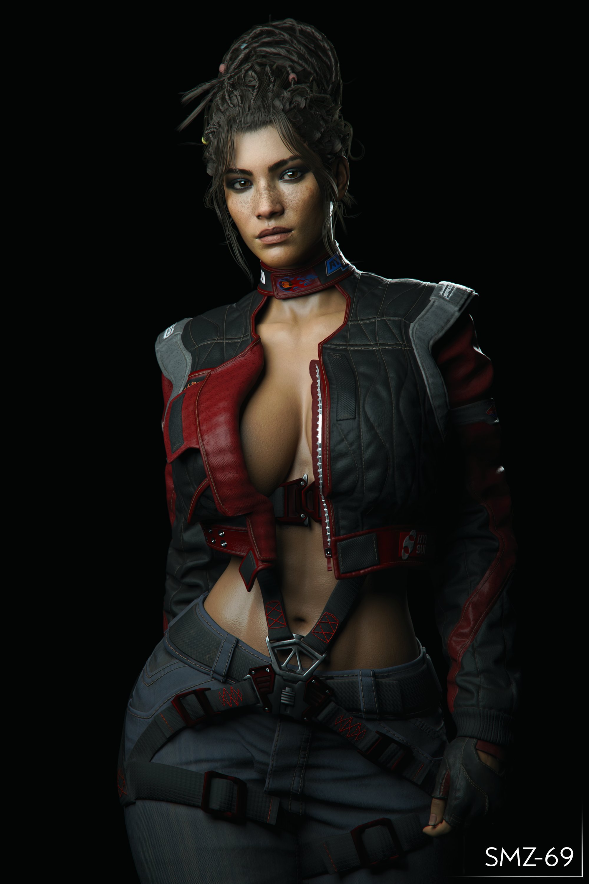 1girls, 3d, abs, absurd res, big breasts, breasts, brown hair, cd projekt red, cleavage, cyberpunk 2077, dark skin, dark-skinned female, female, female only, fit, fit female, freckles, front view, hi res, looking at viewer, panam palmer, smz-69, solo, solo female, thick thighs, tied hair, wide hips