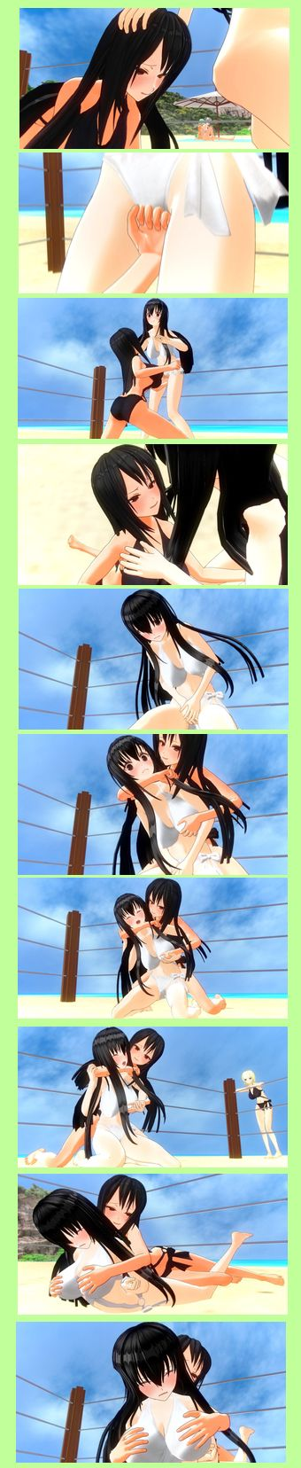 2girls bikini black_bikini blush catfight cuntbusting embarrassing fun humiliating laughing lifting lifting_person low_blow multiple_girls ring swimsuit_suit white_bikini wrestling yuri