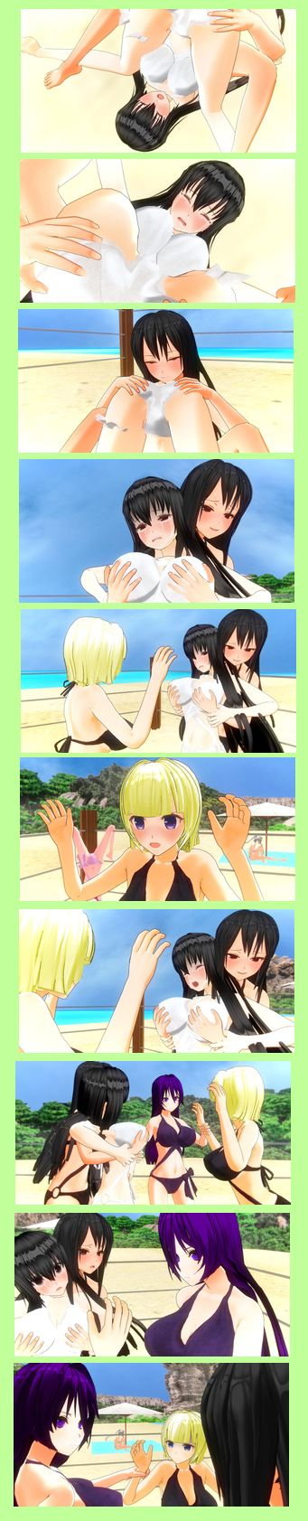 2girls bikini black_bikini blush catfight embarrassing fun humiliating laughing lifting lifting_person low_blow multiple_girls ring swimsuit_suit white_bikini wrestling yuri