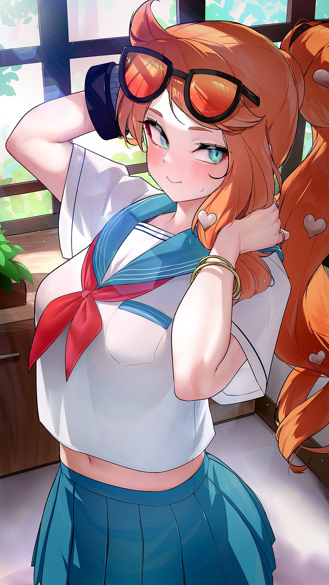 1girls, 2022, blue eyes, breasts, clothed, clothed female, female, female only, glasses, glasses on head, hair ornament, hairclip, heart hair ornament, hi res, hizake, kashu (hizake), large breasts, long hair, looking to the side, navel, nintendo, orange hair, pokemon, pokemon ss, ponytail, sailor collar, sailor uniform, school uniform, schoolgirl, serafuku, side ponytail, skirt, slim waist, solo, sonia (pokemon), teal eyes