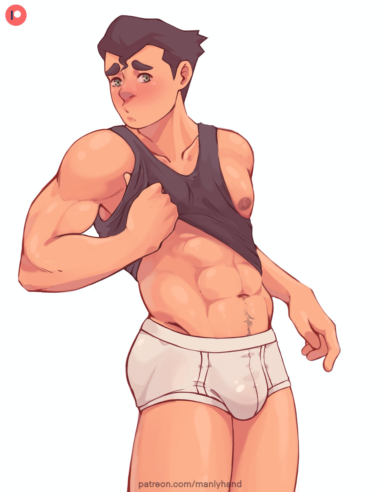 1boy, avatar legends, blush, bolin, bulge, clothing, embarrassed, gay, gay male, male, male only, manlyhand, muscles, muscular, muscular male, nickelodeon, shirt, shirt lift, shy, smooth skin, solo, teenage male, the legend of korra, underwear, white underwear, yaoi