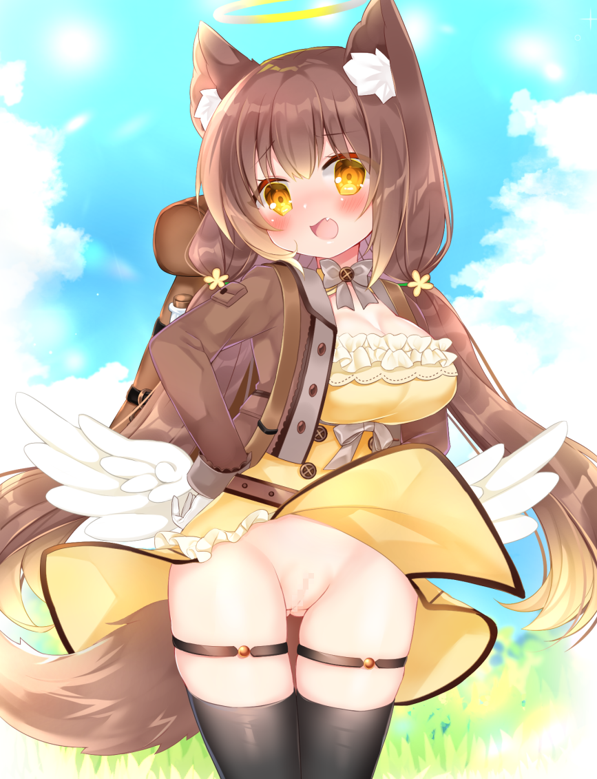 angel_wings animal_ear_fluff animal_ears backpack bag bangs black_thighhighs blue_sky blush breasts brown_hair brown_jacket censored cleavage clothes_lift cloud cropped_jacket day dress dress_lift feathered_wings female frilled_dress frills hair_between_eyes halo hands_on_hips jacket long_hair long_sleeves low_twintails low_wings medium_breasts mosaic_censoring no_panties oerba_yun_fang open_clothes open_jacket open_mouth original outdoors pussy shikito skindentation sky solo tail thighhighs twintails v-shaped_eyebrows very_long_hair white_wings wind wind_lift wings yellow_dress yellow_eyes