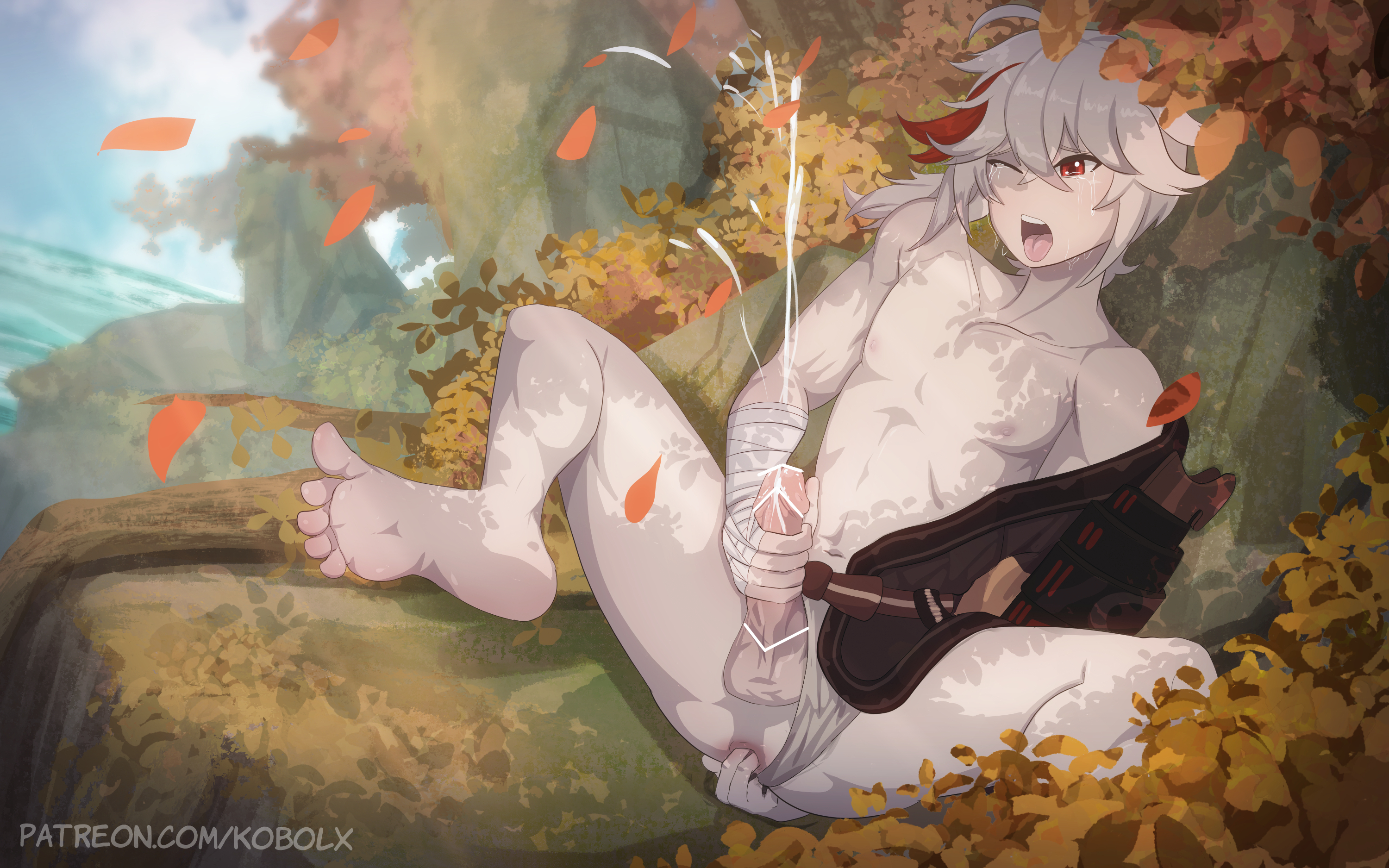 1boy, anus, balls, barefoot, big penis, censored, censored penis, cum, ejaculating cum, ejaculation, exhibitionism, feet, feet up, fingers in ass, gay, genshin impact, kaedehara kazuha, kobolx, long hair, low ponytail, male, male focus, male only, masturbation, muscular, muscular male, naked, nude, nude male, open mouth, penis, red eyes, red hair, solo, solo focus, solo male, thick thighs, tongue, tongue out, two-tone hair, white hair, yaoi