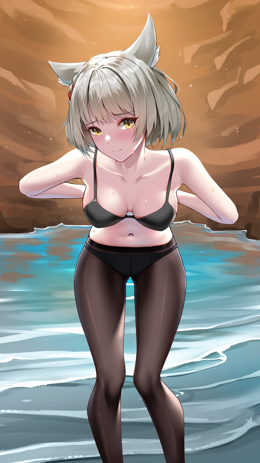 1girls, animal ears, arms behind back, bare shoulders, belly, belly button, bending forward, bending over, black bra, black legwear, black pantyhose, blush, bra, breasts, cat ears, cat girl, catgirl, cleavage, collarbone, female, female focus, female only, flustered, grey hair, leaning, leaning forward, legs, legwear, long legs, looking at viewer, matrix16, medium breasts, midriff, mio (xenoblade), navel, pantyhose, short hair, silver hair, solo, solo focus, standing, stomach, sweat, sweatdrop, sweating, thighs, underwear, undressing, undressing self, water, wet, wet body, wet skin, xenoblade (series), xenoblade chronicles, xenoblade chronicles (series), xenoblade chronicles 3, yellow eyes