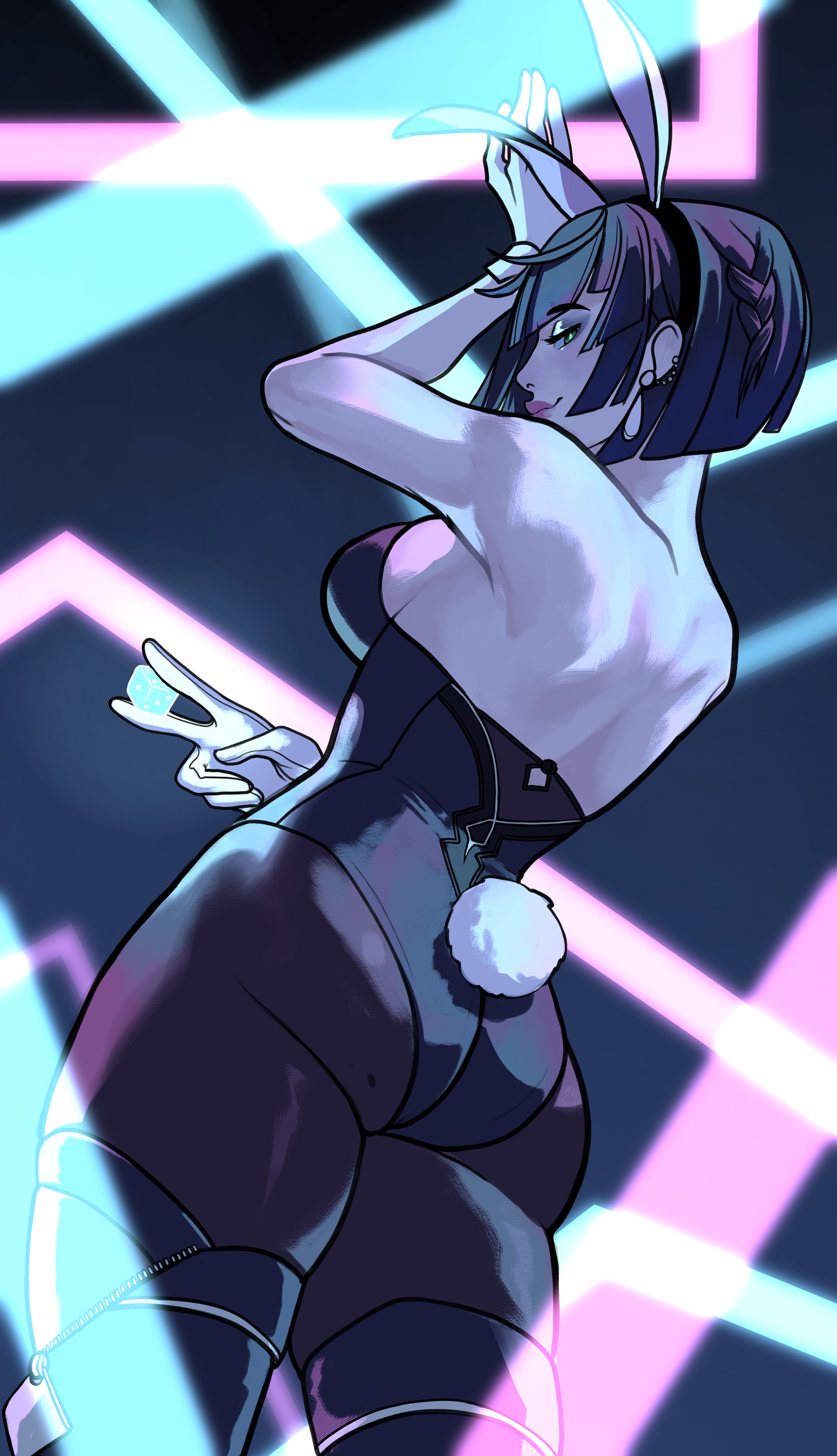 1girls, ass, back view, big ass, big butt, boots, bunny ears, bunny tail, bunnysuit, eyeshadow, fake animal ears, female, female only, genshin impact, gloves, leotard, lipstick, mole, mole on ass, pantyhose, philiatrix, short hair, thigh boots, thighhighs, yelan (genshin impact)