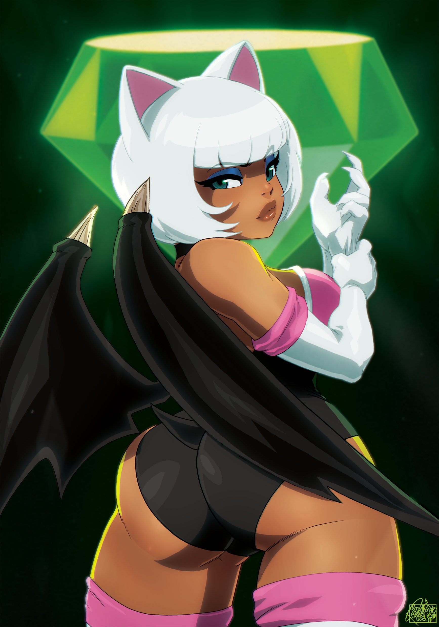 1girls, ass, back view, bat, bat ears, bat girl, bat wings, big ass, blue eyeshadow, bob cut, breasts, bubble ass, bubble butt, chiropteran, chiropteran humanoid, eyeshadow, female, female only, green eyes, highres, humanized, large breasts, long fingernails, looking at viewer, looking back, master emerald, narrowed eyes, rouge the bat, sega, solo, sonic (series), sonic the hedgehog (series), tovio rogers, white hair, wings