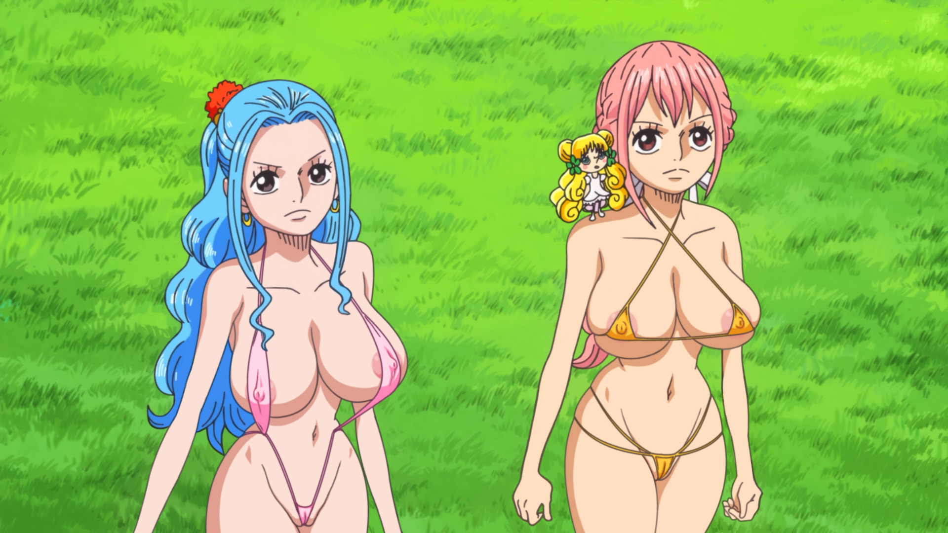 2girls, big breasts, blue hair, blue-haired female, breasts, female, female only, multiple females, multiple girls, nefertari vivi, nude filter, one piece, pink hair, pink-haired female, rebecca (one piece), sling bikini