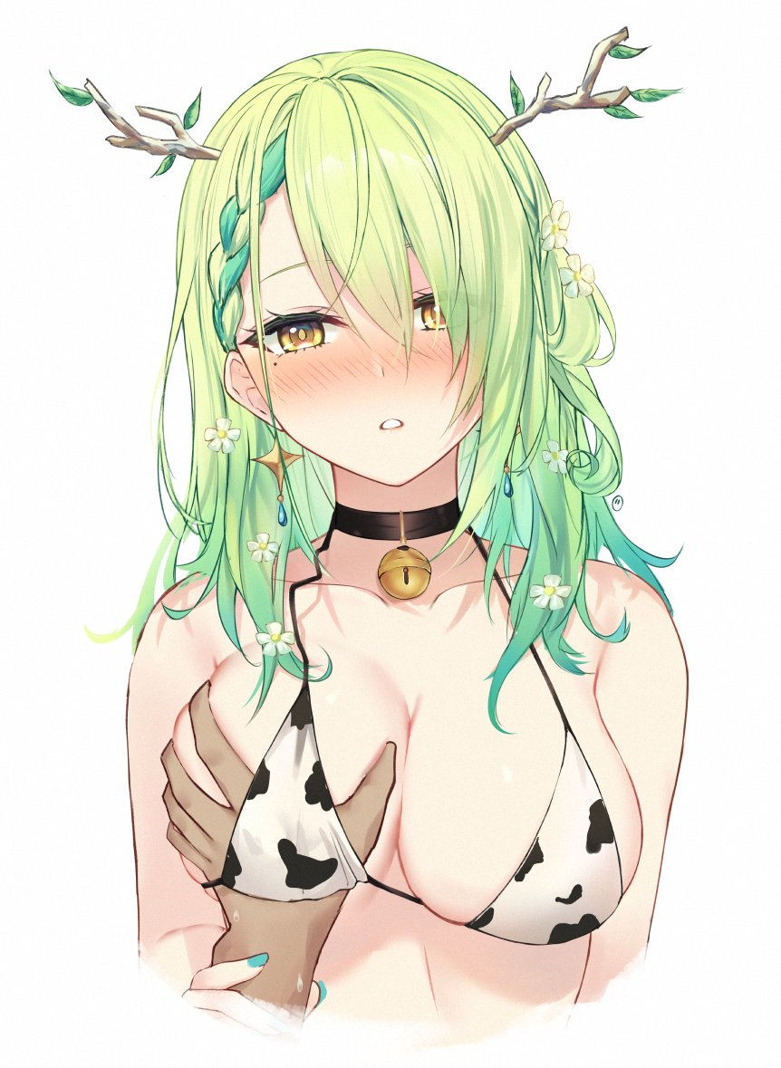 beauty_mark bell bell_collar bikini bikini_top blush breast_grab ceres_fauna choker cowkini ear_piercing earrings flowers_in_hair green_hair hand_on_hand hololive hololive_english hololive_english_-council- hololive_english_-promise- horns intimate large_breasts multicolored_hair nail_polish pov pov_eye_contact single_braid touching_breast virtual_youtuber white_background yellow_eyes