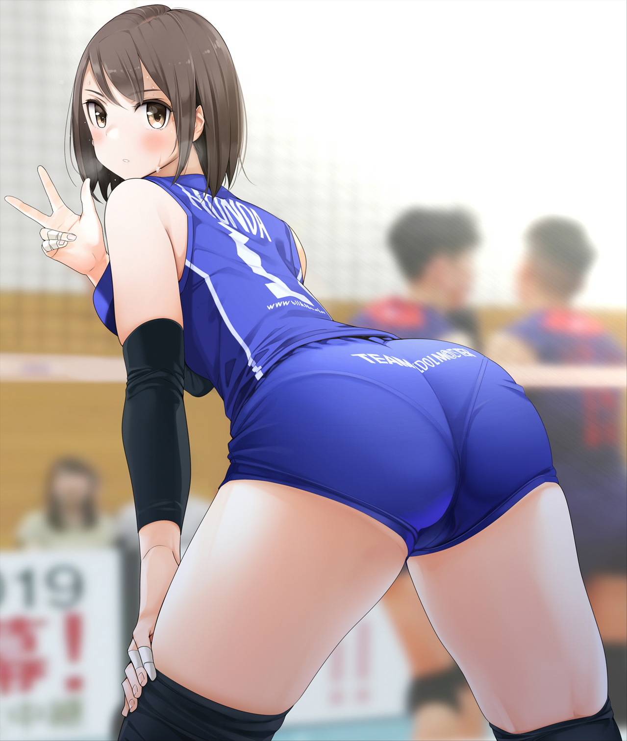 1girls, ass, ass focus, bare shoulders, bent over, blush, breasts, brown eyes, brown hair, clothing, fed (giba), female, female focus, from behind, hi res, large breasts, looking at viewer, original, pantylines, round ass, see-through, see-through clothing, short hair, shorts, sports uniform, sportswear, sweat, thick ass, thighhighs, volleyball, volleyball net, volleyball uniform