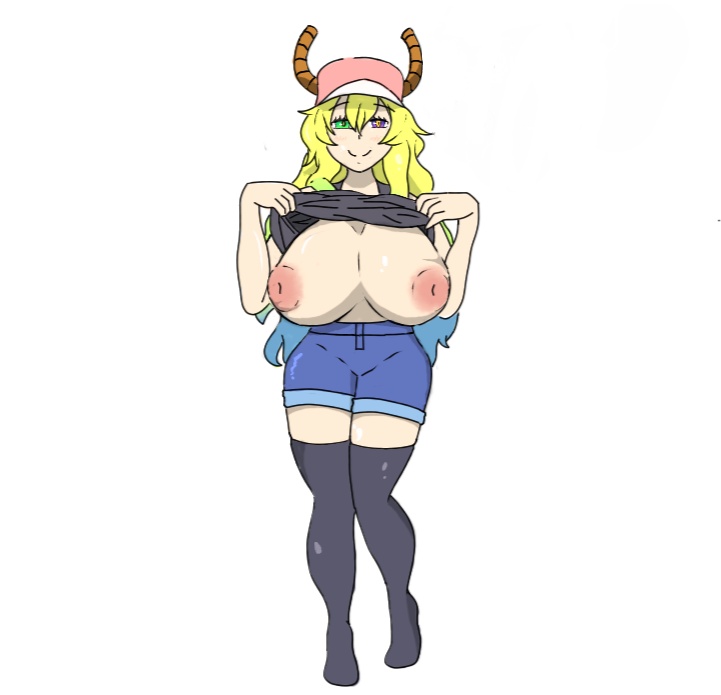 big_ass big_breasts big_nipples blonde_hair breasts_out clothed clothing_lift dragon hat horns inverted_nipples lifting_shirt log_cibo looking_at_viewer miss_kobayashi's_dragon_maid quetzalcoatl_(dragon_maid) shirt smile sole_female solo stockings undressing