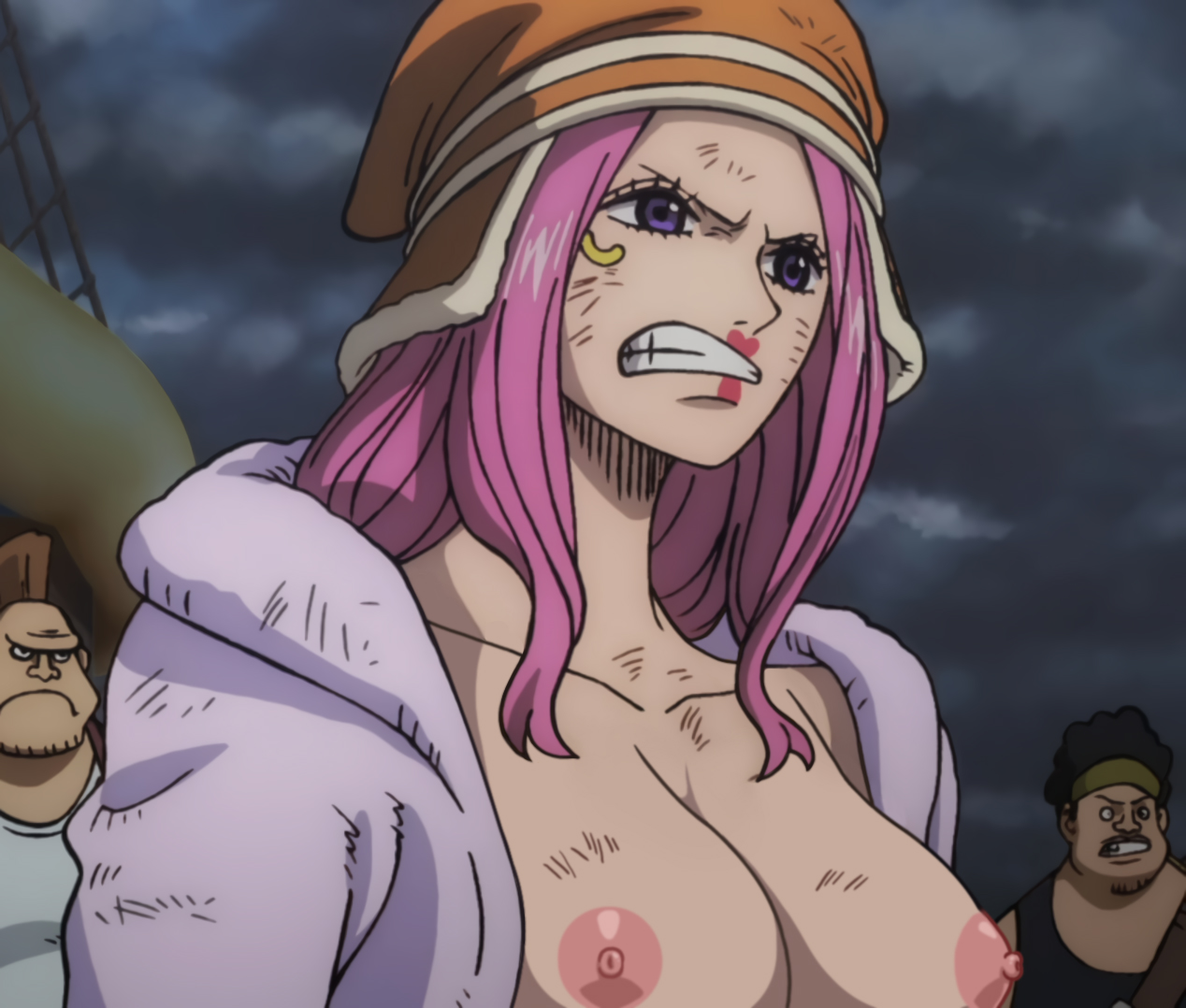 1girls, aged up, artist request, big breasts, breasts, edit, female, jewelry bonney, male, nude filter, one piece, pink hair, pink-haired female
