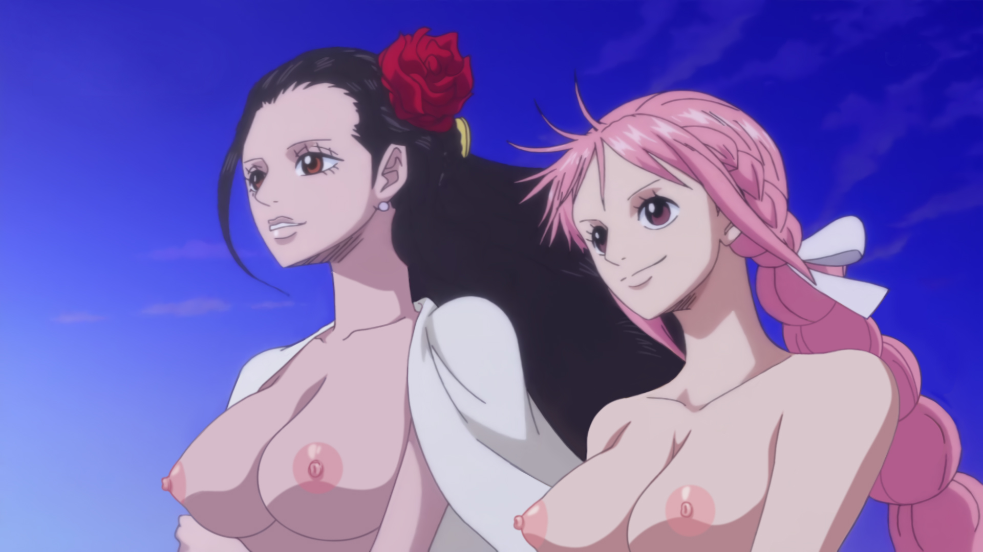 2girls, artist request, aunt and niece, big breasts, breasts, brown hair, brown-haired female, female, female only, nude filter, one piece, pink hair, pink-haired female, rebecca (one piece), topless, topless female, viola (one piece)
