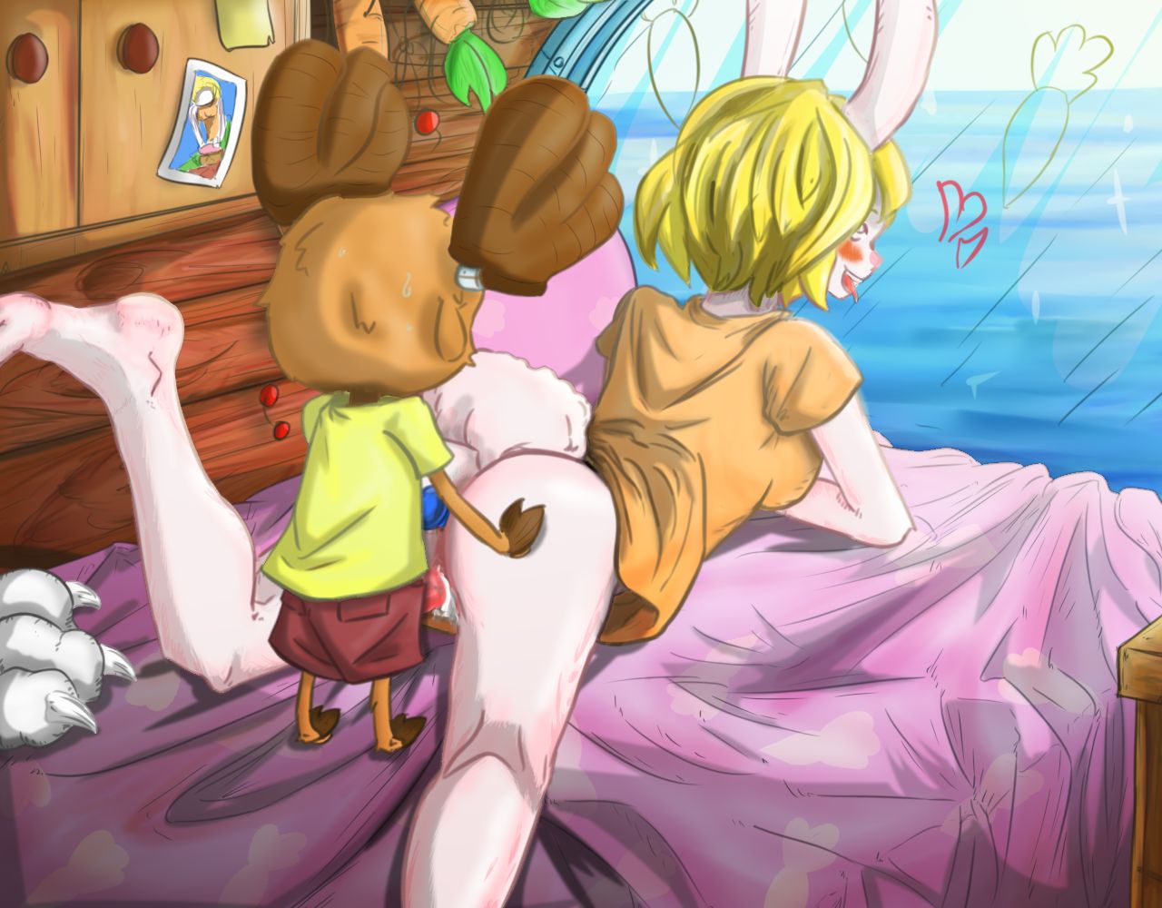 1boy, 1girls, 2022, 2d, anal, anal penetration, anal plug, animal genitalia, anthro, anthro only, antlers, ass, bed, bed sheet, bedroom, blonde female, blonde hair, blush, bottomless, breasts, brown fur, bunny ears, bunny girl, bunny tail, buttplug, carrot, carrot (one piece), carrot pattern, claws, clothing, cum, cum in pussy, cute, deer, doorknob, erection, female, fluffy tail, from behind, from behind position, fur, glass, hand on ass, hand on hip, heart, hooves, indoors, inside, interspecies, laying down, laying on bed, laying on stomach, looking up, male, male penetrating female, mycrys, no panties, one piece, open mouth, orgasm, pants, penetration, penis, person in picture, picture, picture on wall, pink nose, pussy, pussy juice, rabbit, rabbit ears, rabbit humanoid, saliva, sex, sex from behind, sex toy, shirt, shounen jump, size difference, smaller male, standing, straight, sweat, table, tail, thighs, tongue, tongue out, tony tony chopper, uncensored, vagina, vaginal, vaginal insertion, vaginal penetration, vaginal sex, veiny penis, water, wet, white body, white fur, white tail, window, wood, writing, writing on wall, yellow hair