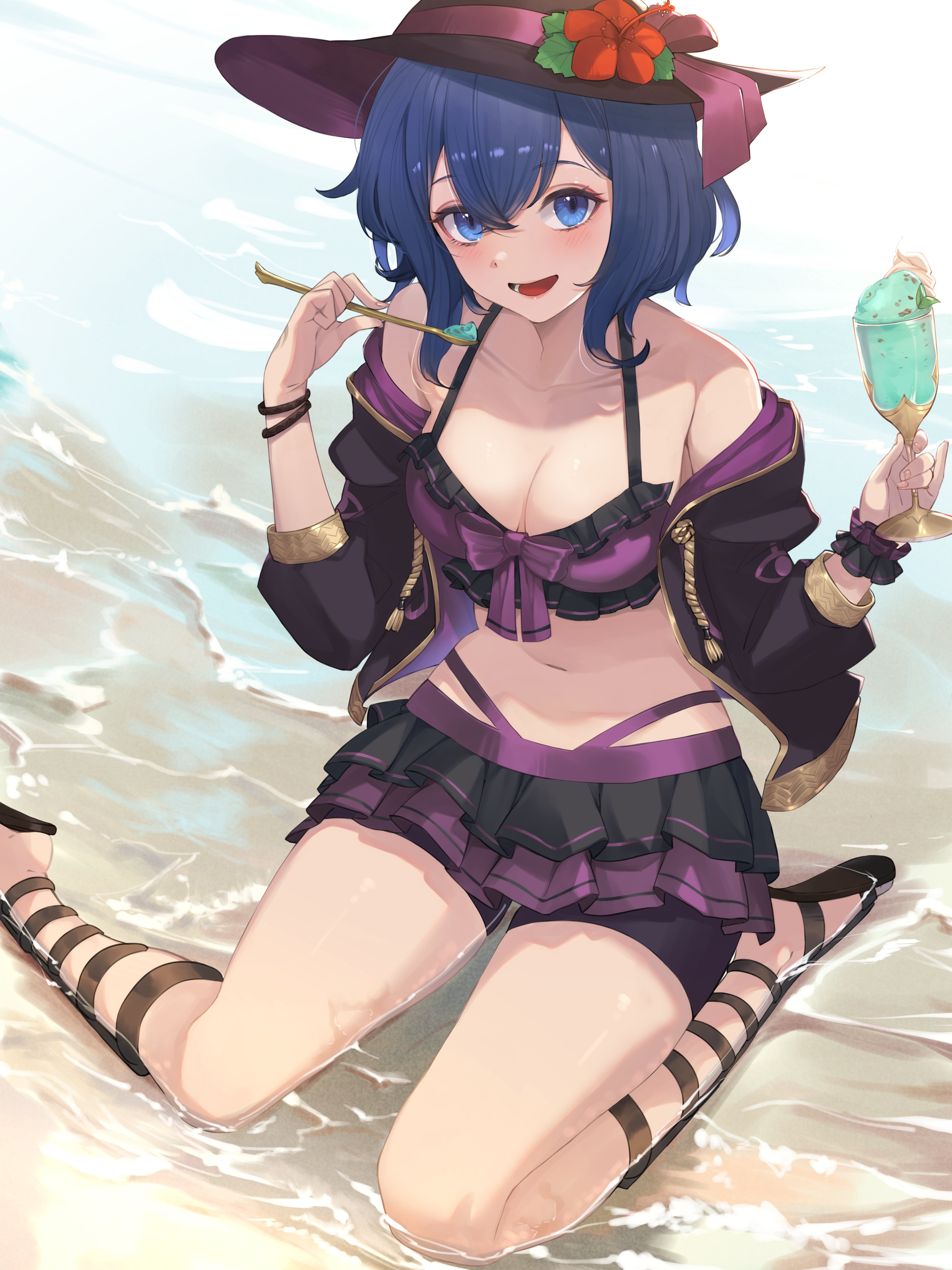 :d, 1girls, absurdres, alternate costume, alternate eye color, beach, bikini, bikini skirt, black bikini, black swimsuit, blue eyes, blue hair, blush, breasts, cleavage, coat, collarbone, commission, cup, eating, female, female only, fire emblem, fire emblem awakening, flower, food, front-tie bikini, front-tie top, gladiator sandals, hat, hibiscus, highres, holding, holding cup, ice cream, kneeling, layered bikini, looking at viewer, medium breasts, morgan (fire emblem), morgan (fire emblem) (female), navel, nintendo, ocean, open mouth, purple bikini, purple swimsuit, ritdelba, sandals, short hair, smile, solo, spoon, sun hat, swimsuit, two-tone bikini, wet