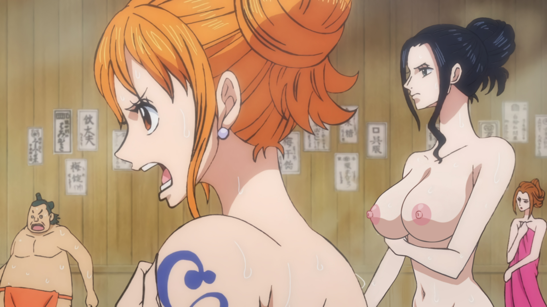1boy, 3girls, arm tattoo, artist request, big breasts, black hair, black-haired female, blue tattoo, breasts, edit, female, lewd edit, male, nami (one piece), nico robin, nude edit, nude filter, one piece, orange hair, orange-haired female, post-timeskip, tattoo, tattoo on arm, tattooed arm