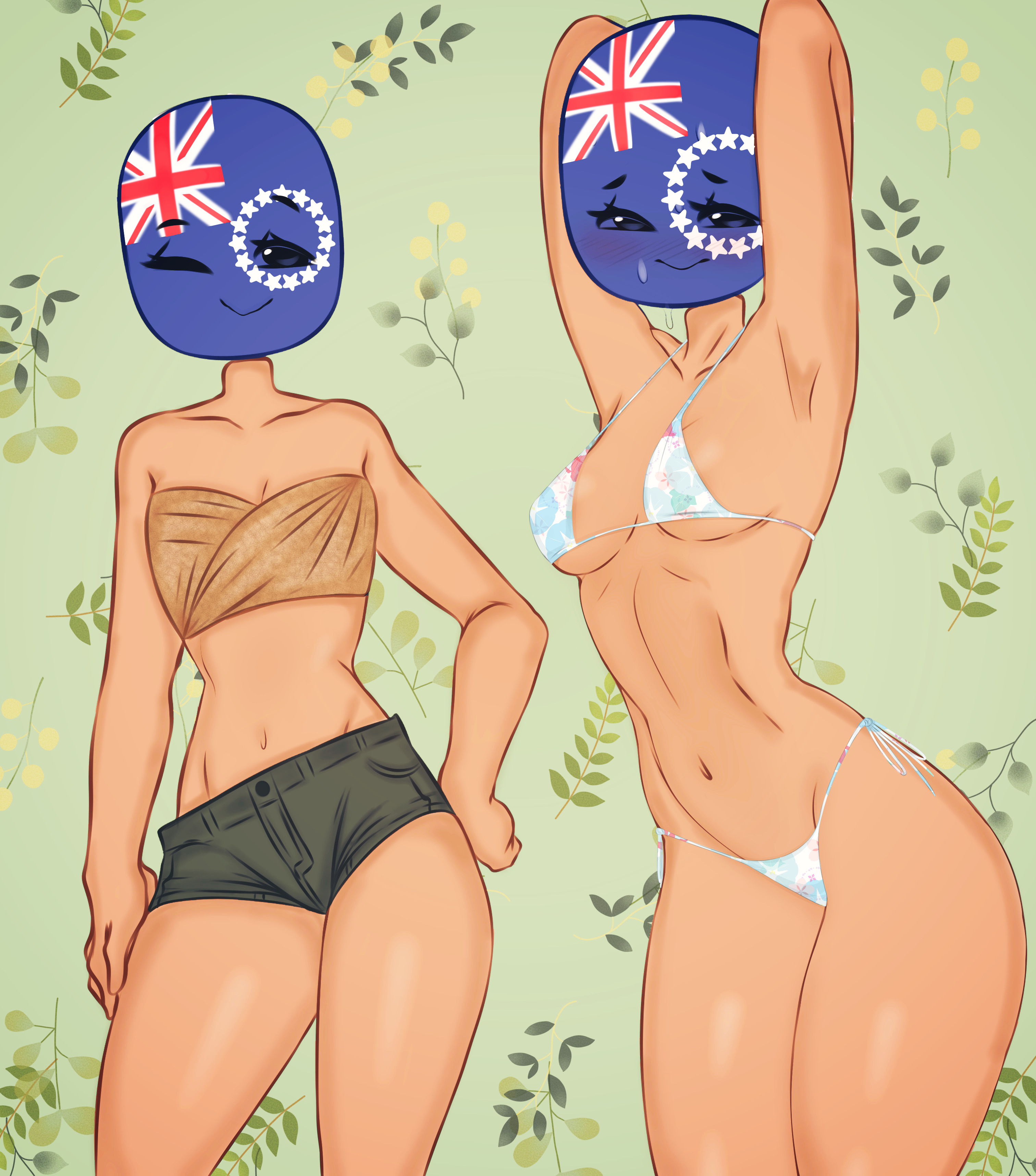 2022, alternate version available, armpits, barely clothed, bikini, clothed, cook islands (countryhumans), countryhumans, countryhumans girl, female, flawsy, green background, shorts, tan, tanned, wink, winking, winking at viewer