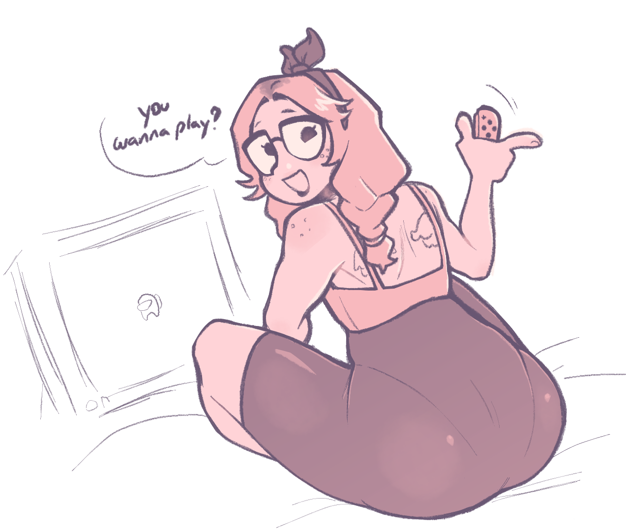 ambiguous gender, ass, back tattoo, back view, big ass, bike shorts, braided hair, dialogue, dot eyes, dyed hair, female, femboy, freckles, glasses, glassesfetish, limited palette, looking over shoulder, male, nonbinary, original, pantylines, riley (glassesfetish), sitting, sitting on bed, sketch, speech bubble, tattoo, thick ass, thick thighs, thighs, tomgirl, white background, wide hips