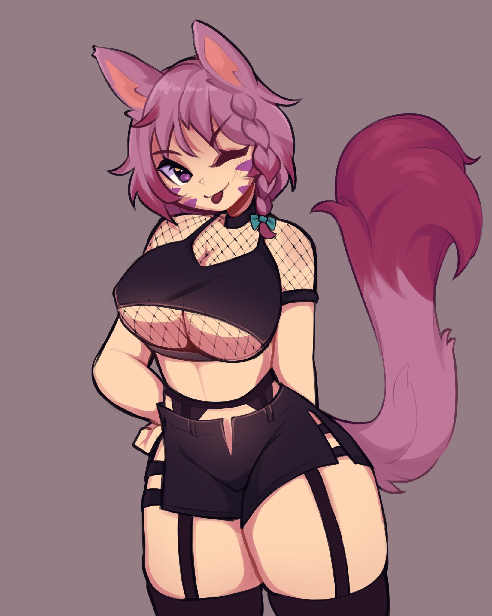 ;p, big breasts, breasts, cat ears, cat girl, cat tail, catgirl, fan character, female, final fantasy, final fantasy xiv, lingerie, looking at viewer, miqo'te, mistysnugglebug, pink fur, pink hair, shen'thall laurier, smile, tagme, thick thighs, tongue, tongue out, wink