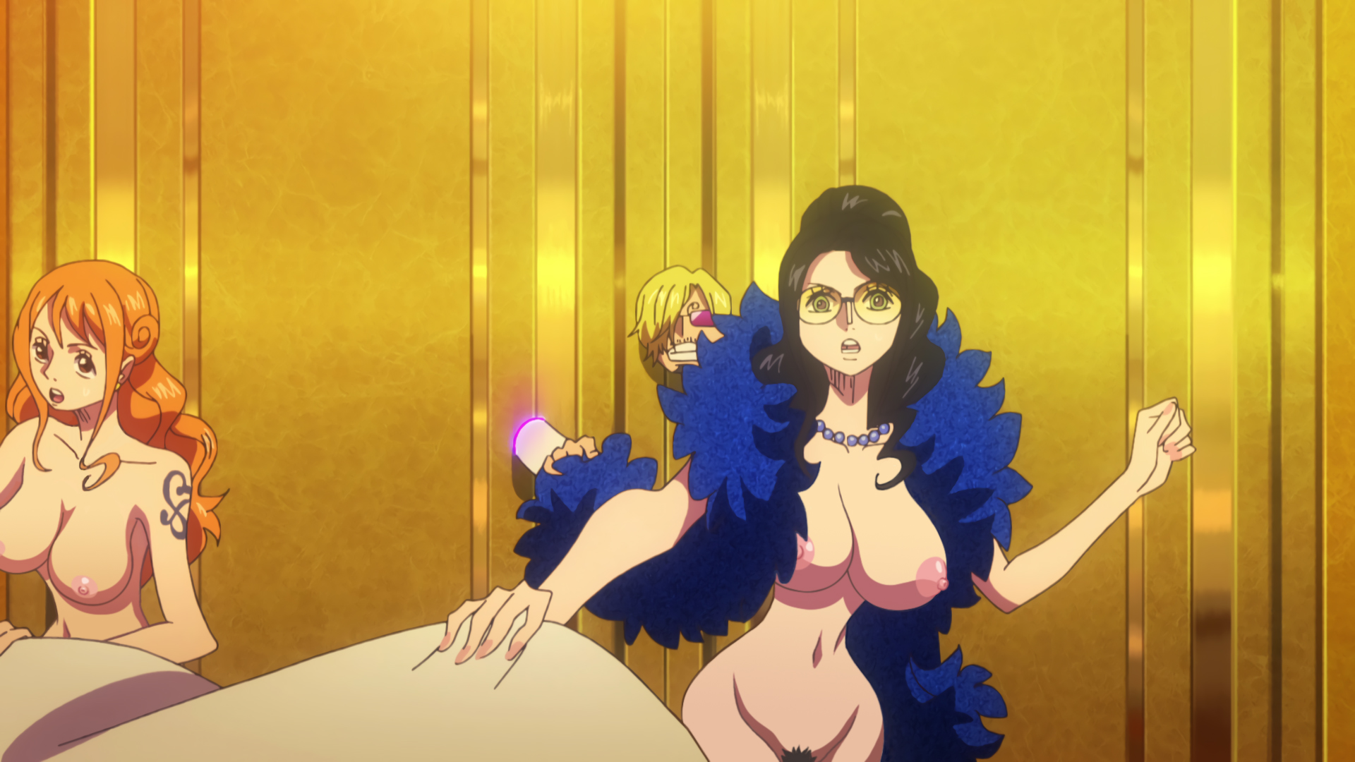 2girls, arm tattoo, artist request, big breasts, black hair, black-haired female, blonde hair, blonde-haired male, blue tattoo, breasts, edit, edited, edited screencap, female, male, nami (one piece), nico robin, nipples, nude, nude edit, nude female, nude filter, one piece, orange hair, orange-haired female, photoshop, post-timeskip, screen, screen capture, screen face, screencap, screenshot, screenshot edit, sunglasses, tattoo, tattoo on arm, tattooed arm, third-party edit, tights, tinted eyewear, vinsmoke sanji, yellow-tinted eyewear