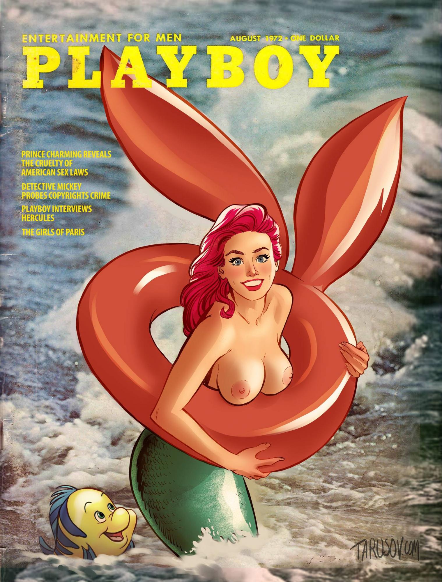 andrew_tarusov ariel blue_eyes disney disney_princess flounder large_breasts long_hair looking_at_viewer mermaid nipples parody playboy playboy_magazine red_hair royalty standing_in_water the_little_mermaid