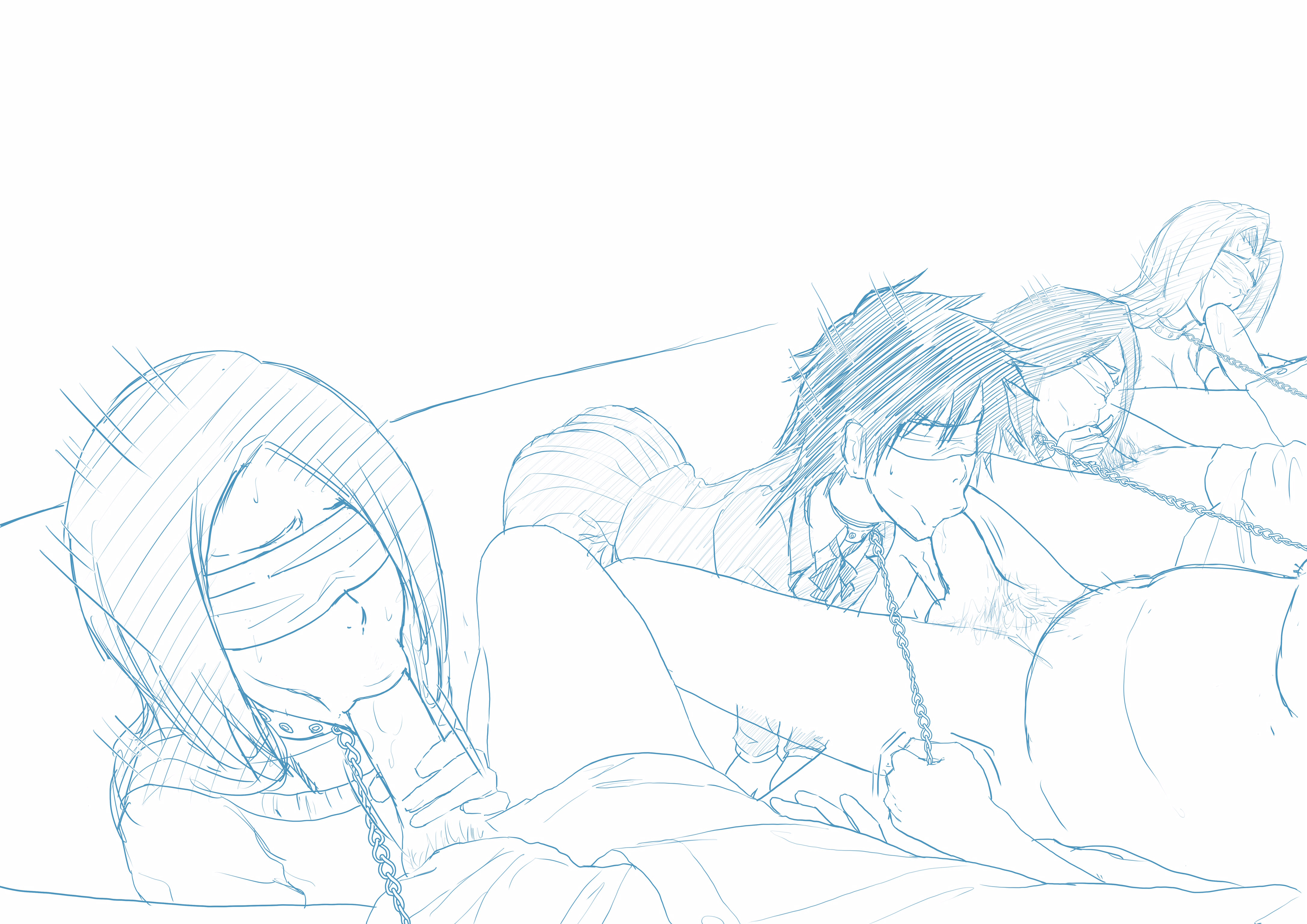 :>=, 4boys, 4girls, age difference, arisawa tatsuki, bent over, bleach, blindfold, blowjob, bondage, chain, chain leash, choker, collar, deep blowjob, dominant male, domination, fellatio, female, female focus, femsub, forced, gangbang, gangrape, group, group sex, hairy, hairy male, inoue orihime, iwao178, kneeling, kuchiki rukia, leash, leash and collar, leash pull, male, maledom, matsumoto rangiku, multiple boys, multiple females, multiple girls, multiple males, older male, oral, oral sex, orgy, penis, penis in mouth, school uniform, schoolgirl, schoolgirl uniform, sex, short hair, sitting, submissive, submissive female, tatsuki arisawa, tomboy, younger female