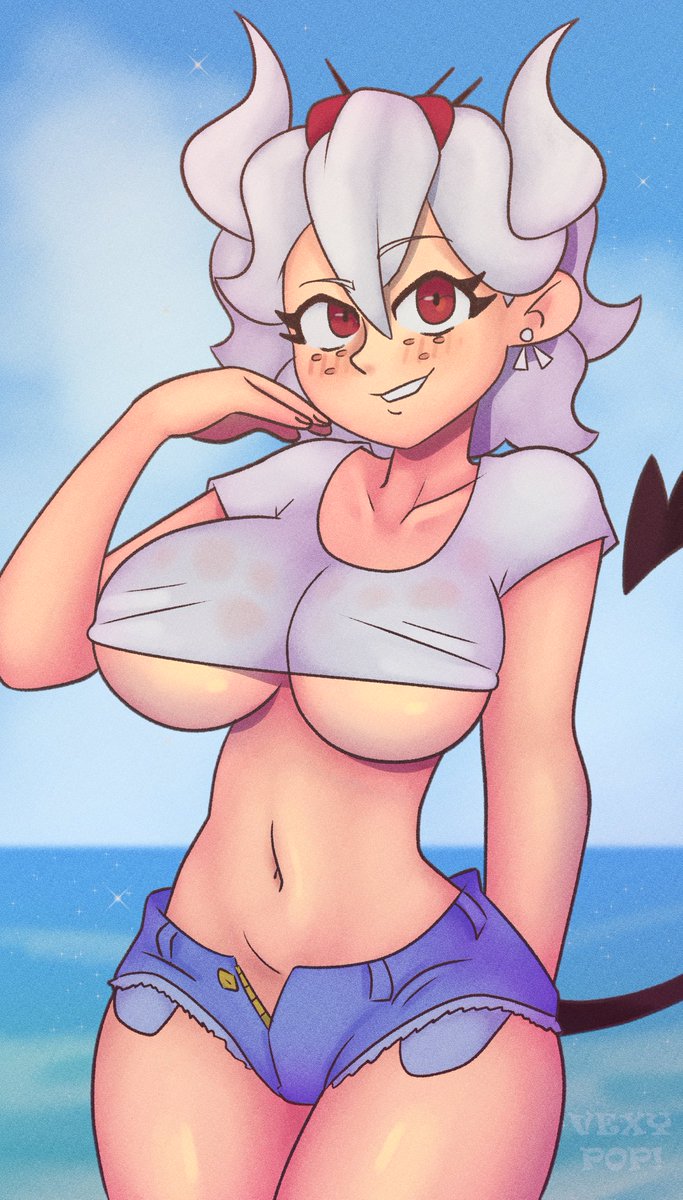 1girls, beelzebub (helltaker), big breasts, blush, booty shorts, breasts, cleavage, clothed, clothing, crop top, female, female only, freckles, helltaker, horn, horns, jean shorts, looking at viewer, navel, outdoors, outside, red eyes, revealing clothes, seaside, shorts, smile, solo, solo female, underboob, vexypop, voluptuous, white hair, wide hips
