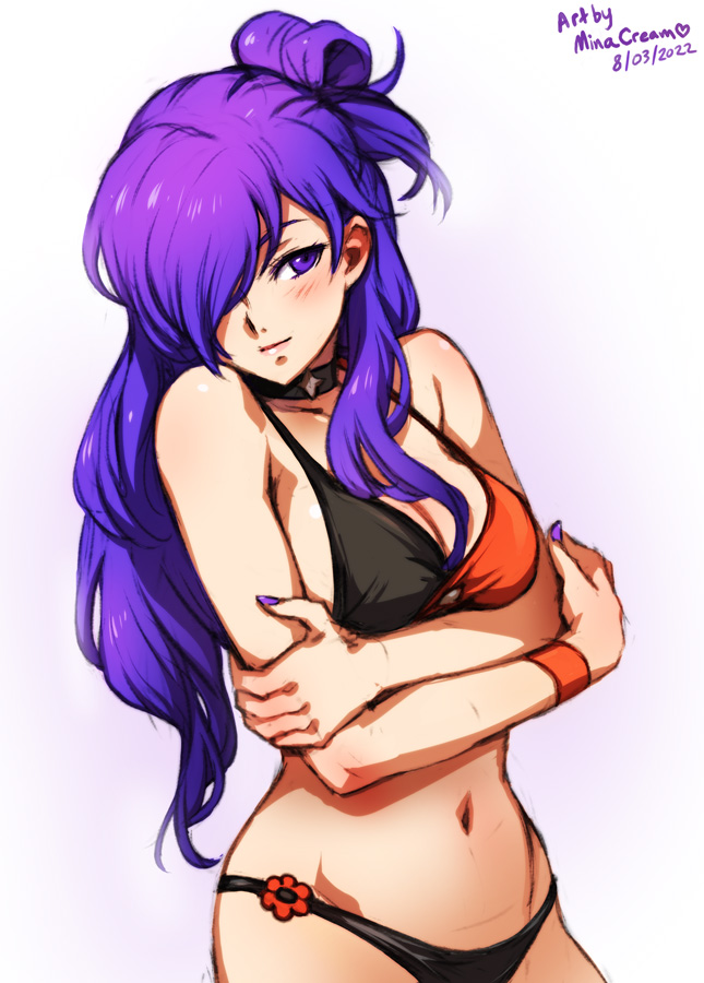 1girls, alternate costume, bangs, bare shoulders, bikini, black bikini, blush, breasts, choker, cleavage, closed mouth, crossed arms, female, female only, fire emblem, fire emblem warriors: three hopes, fire emblem: three houses, hair bun, hair over one eye, large breasts, long hair, looking at viewer, medium breasts, minacream, nail polish, navel, nintendo, open mouth, purple eyes, purple hair, purple nails, shez (fire emblem), shez (fire emblem) (female), simple background, single hair bun, smile, solo, swimsuit, two-tone bikini, underwear