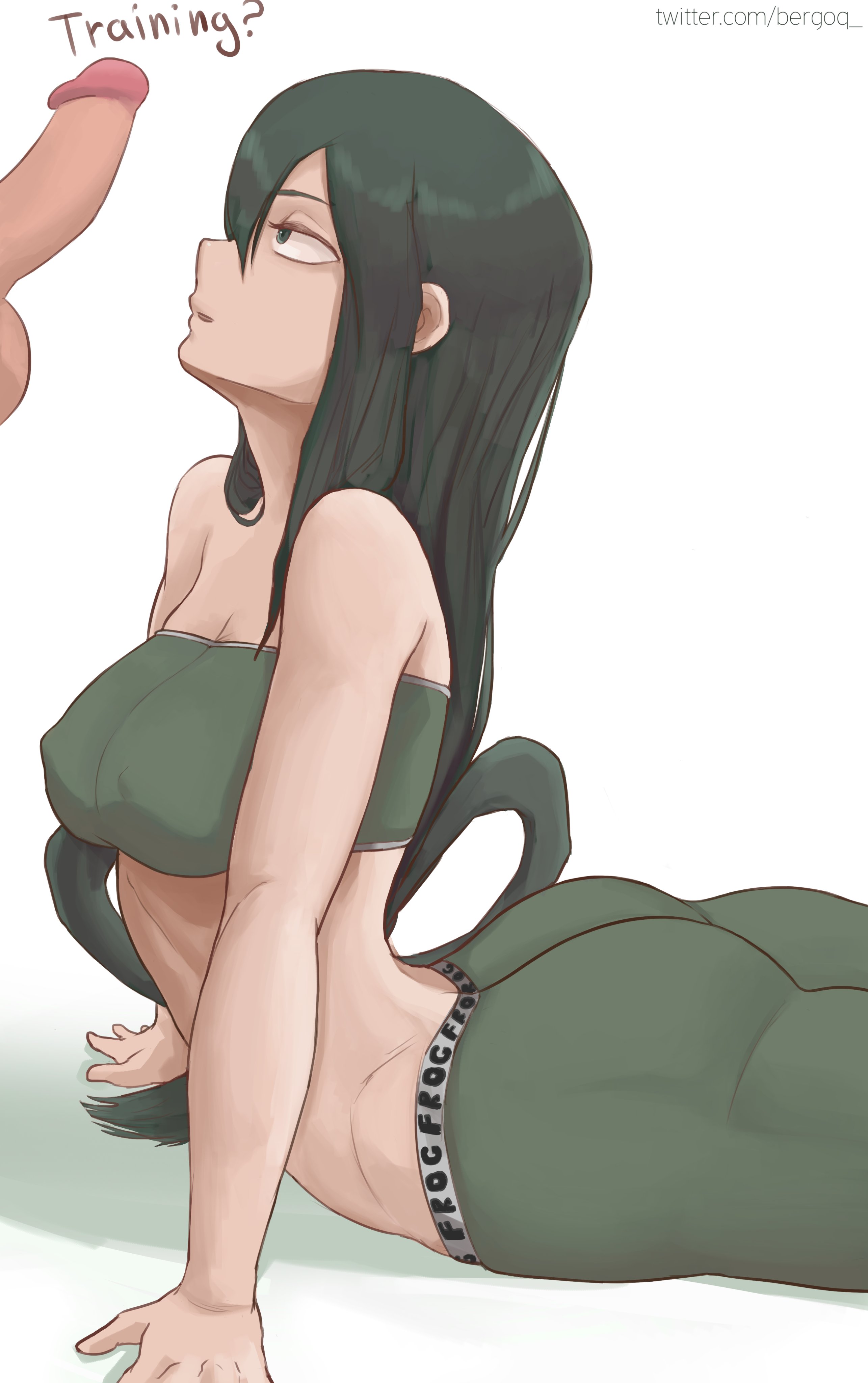 1girls, absurd res, bergoqew, dialogue, english text, female, female focus, green eyes, green hair, green-haired female, long hair, looking at penis, male, my hero academia, narrowed eyes, penis, text, topwear, tsuyu asui, white background, yoga pants
