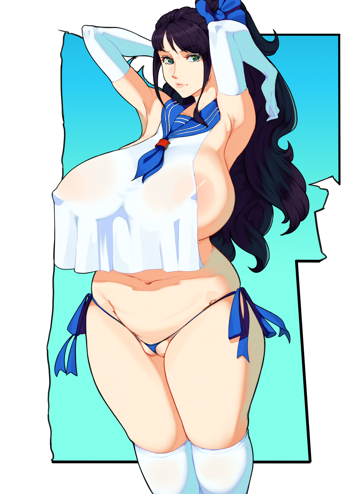 1girls, 47 hard, big breasts, black hair, blue eyes, breast curtains, breasts, female, female only, huge breasts, large breasts, looking at viewer, nico robin, one piece, ponytail, pre-timeskip, solo, solo female
