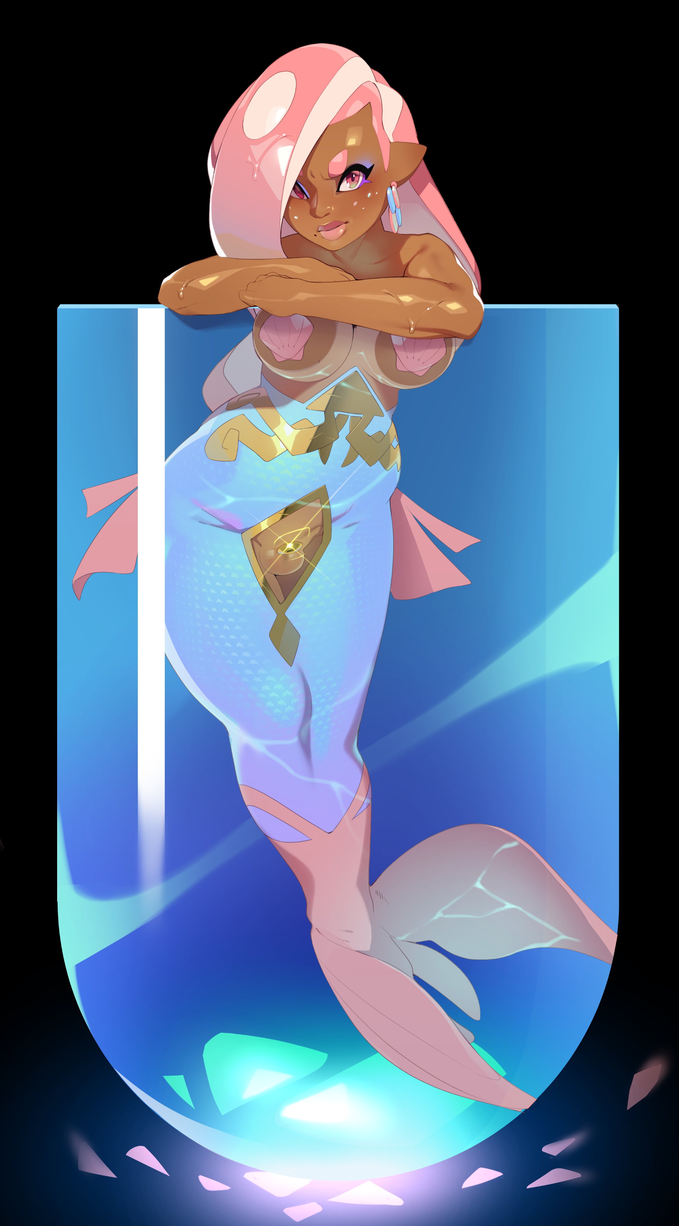 1futa, areola slip, areolae, big breasts, blush, breasts, chastity, chastity cage, chastity device, combos-n-doodles, dark areola, dark skin, dark-skinned futa, dickgirl, futanari, intersex, large areolae, looking at viewer, merfolk, mermaid, nintendo, octoling, original, pink eyes, pink hair, seashell, seashell bra, splatoon, takoko yakisoba (combos & doodles), thick thighs, wide hips