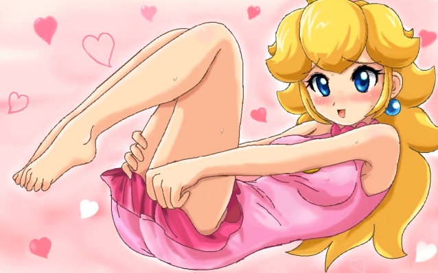 00s 1girls 2000s armpits bare_arms bare_legs bare_shoulders barefoot blonde_hair blue_eyes blush breasts covering covering_ass crown dress dress_tug earrings embarrassed eyebrows_visible_through_hair feet female female_only frilled_dress frills full_body heart heart_background jewelry lying mario_(series) mario_tennis medium_breasts nintendo nipple_bulge on_back open_mouth pink_background pink_dress princess_peach raised_legs short_dress sigurdhosenfeld simple_background sleeveless sleeveless_dress smile solo sweat toes tongue