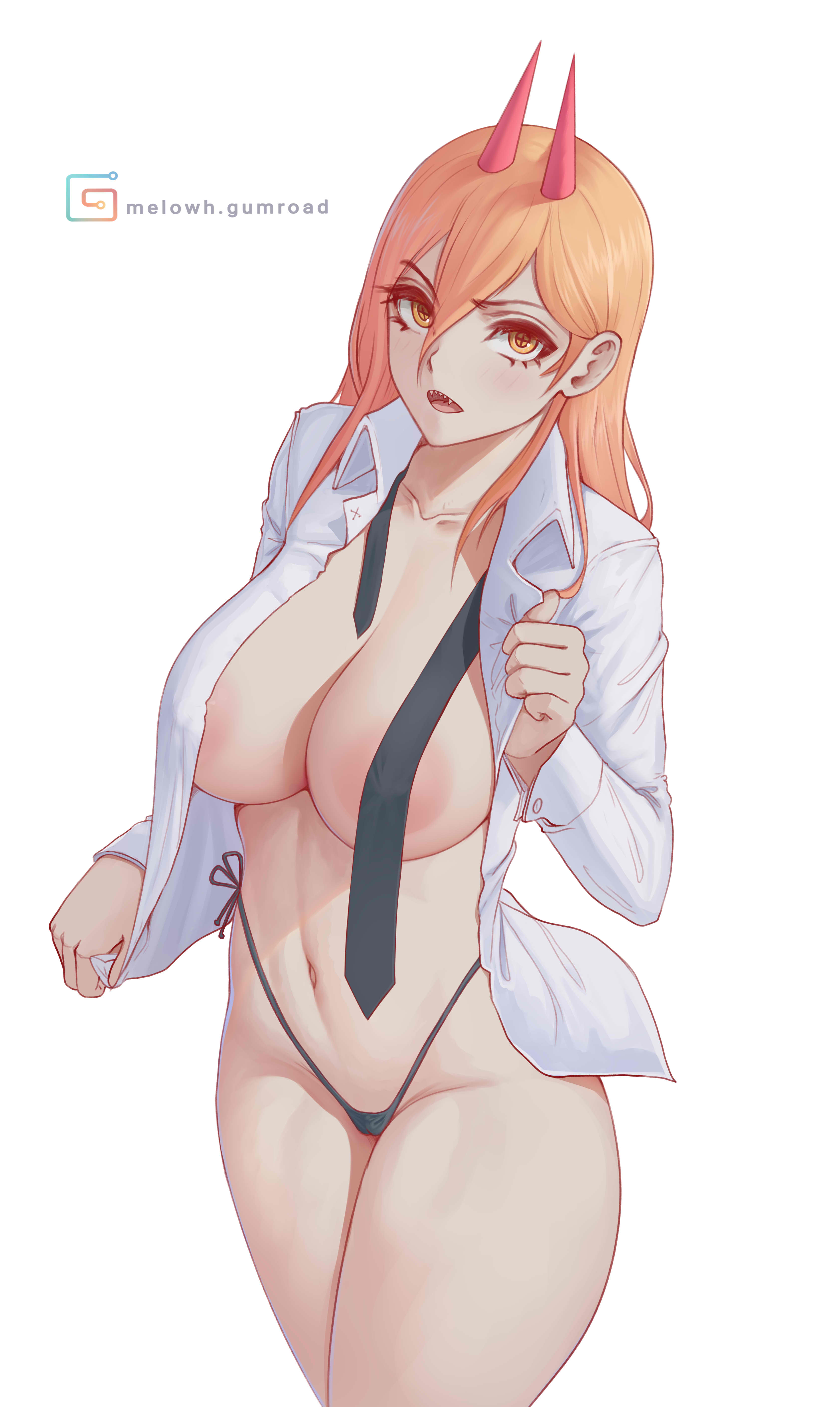 1girls, big breasts, blonde female, blonde hair, breasts, chainsaw man, demon, demon girl, demon horns, eye contact, female, female only, horns, huge breasts, looking at viewer, melowh, micro bikini, power (chainsaw man), sharp teeth, solo, solo female, standing, thick thighs, thighs, thong, topless, white background, wide hips, yellow eyes