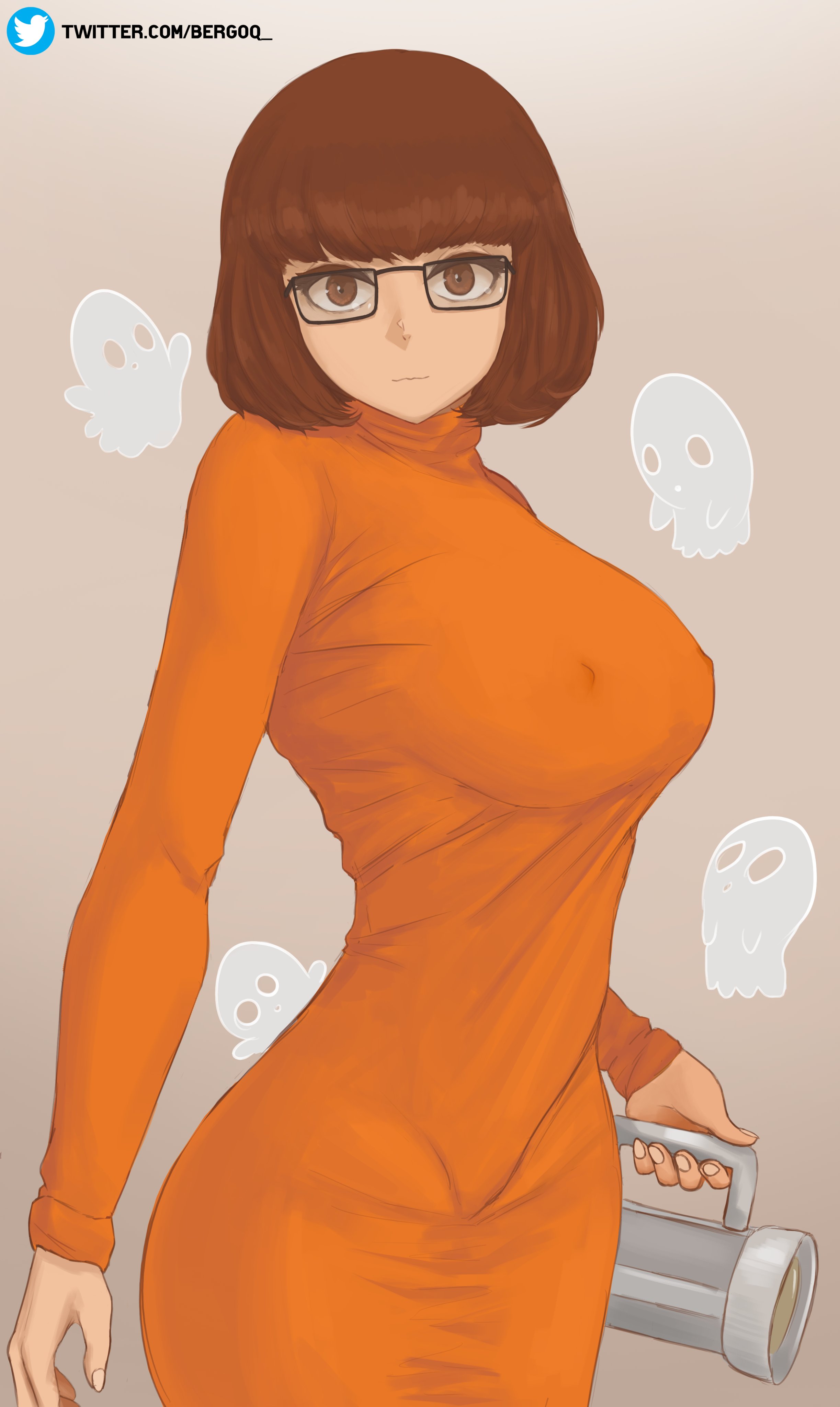 1girls, absurd res, bergoqew, big breasts, bob cut, breasts, brown eyes, brown hair, female, female only, ghost, glasses, looking at viewer, medium hair, nipple bulge, scooby-doo, signature, slim waist, solo, solo female, text, velma dinkley, wide hips