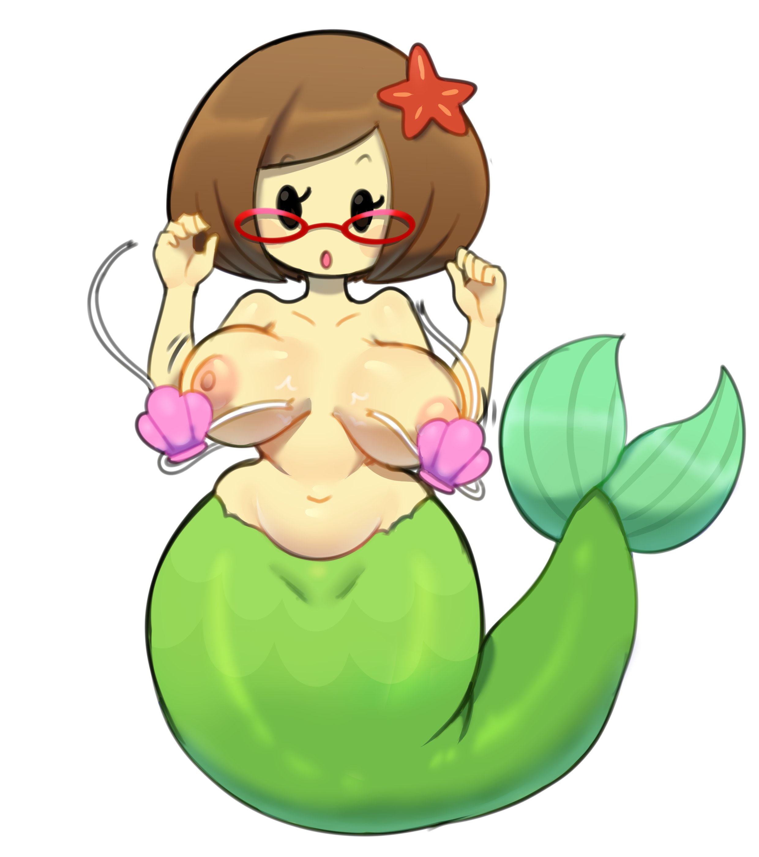 :o, 1girls, 5 fingers, big breasts, bra, breasts, breasts out, brown hair, cute, female, female only, glasses, green tail, jpeg, large breasts, looking at viewer, merfolk, mermaid, mob face, nikki (swapnote), nintendo, nipples, open mouth, seashell bra, solo, somescrub, swapnote, tail, wardrobe malfunction, white background