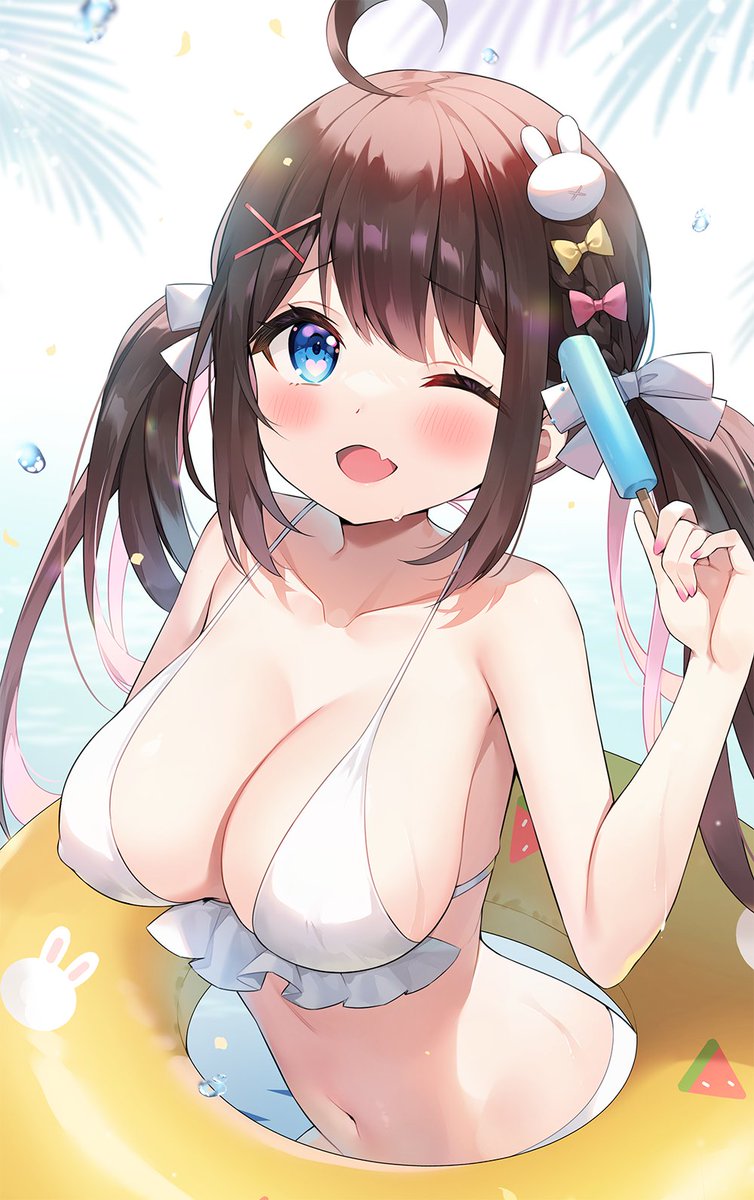 ayamy ayamy_(vtuber) bikini blush breasts busty cleavage female female_only frilled_bikini indie_virtual_youtuber popsicle solo swimsuit twintails virtual_youtuber white_bikini