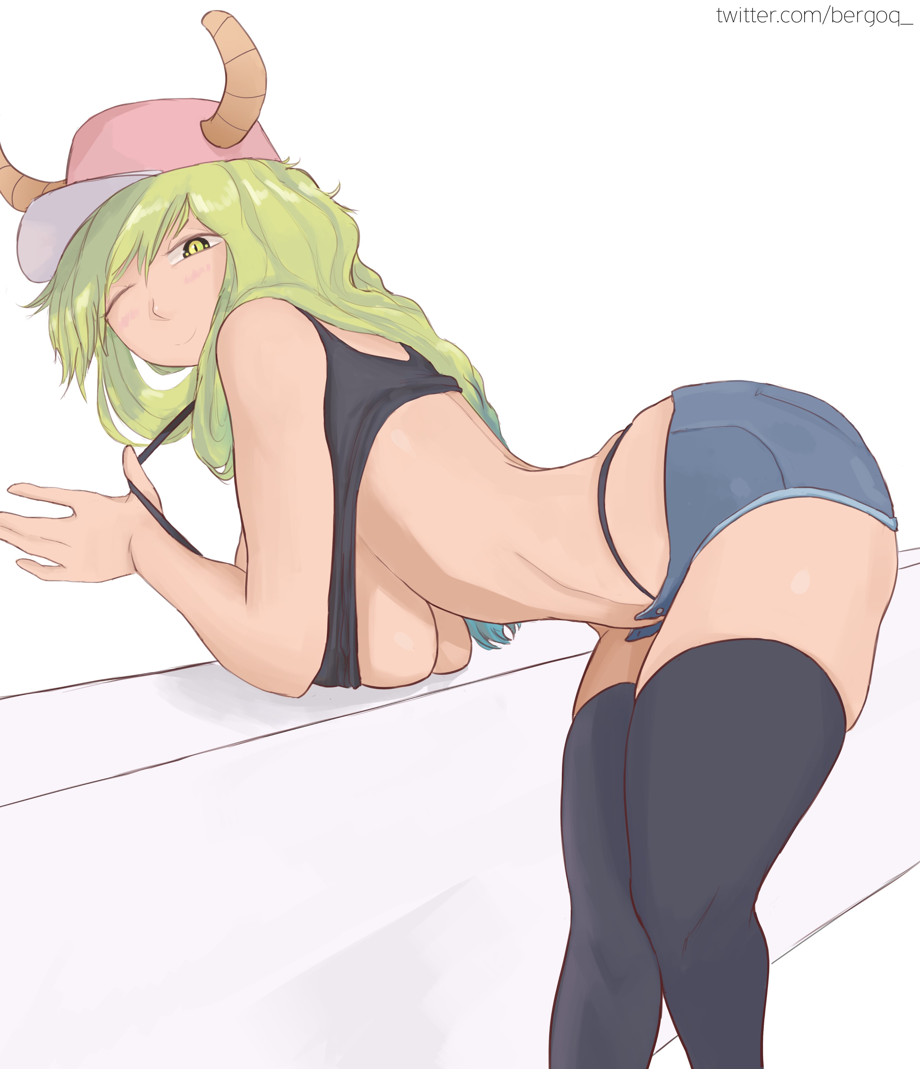 1girls, absurd res, bent over, bergoqew, big breasts, black thighhighs, breasts, cap, demon horns, dragon girl, female, female only, green hair, horns, long hair, looking at viewer, minishorts, miss kobayashi's dragon maid, quetzalcoatl (dragon maid), shorts, side view, slit pupils, smiling at viewer, solo, solo female, tank top pull, thick thighs, thigh squish, thighhighs, underboob, white background, wink, winking at viewer, yellow eyes